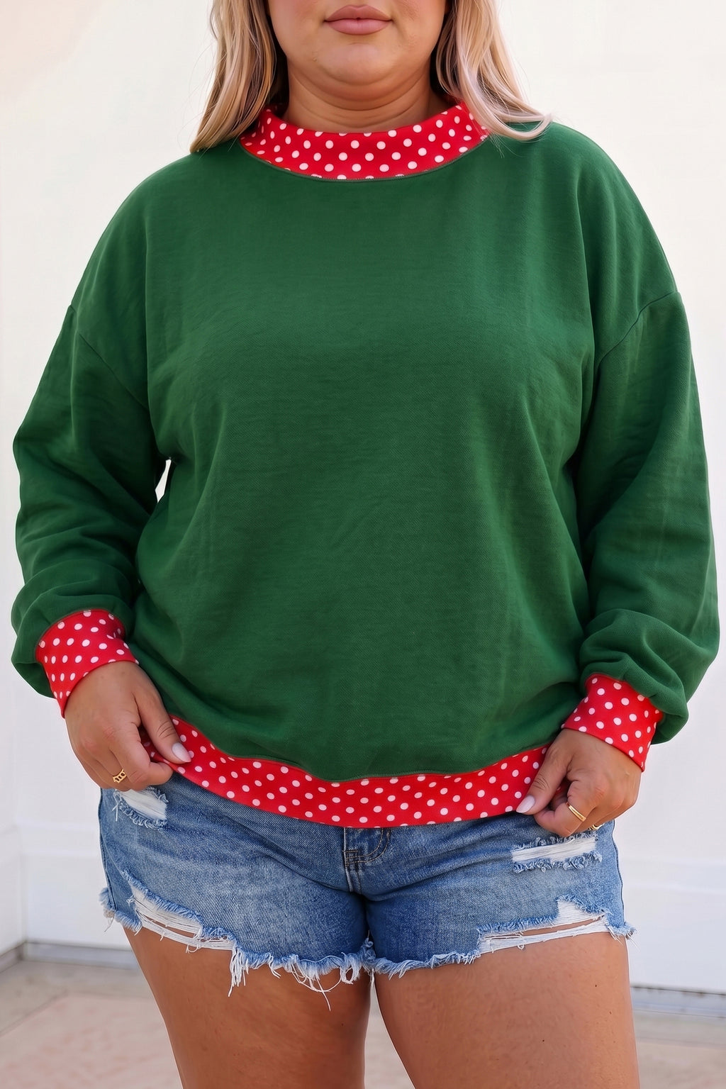 Red Polka Dot Patchwork Round Neck Plus Size Sweatshirt