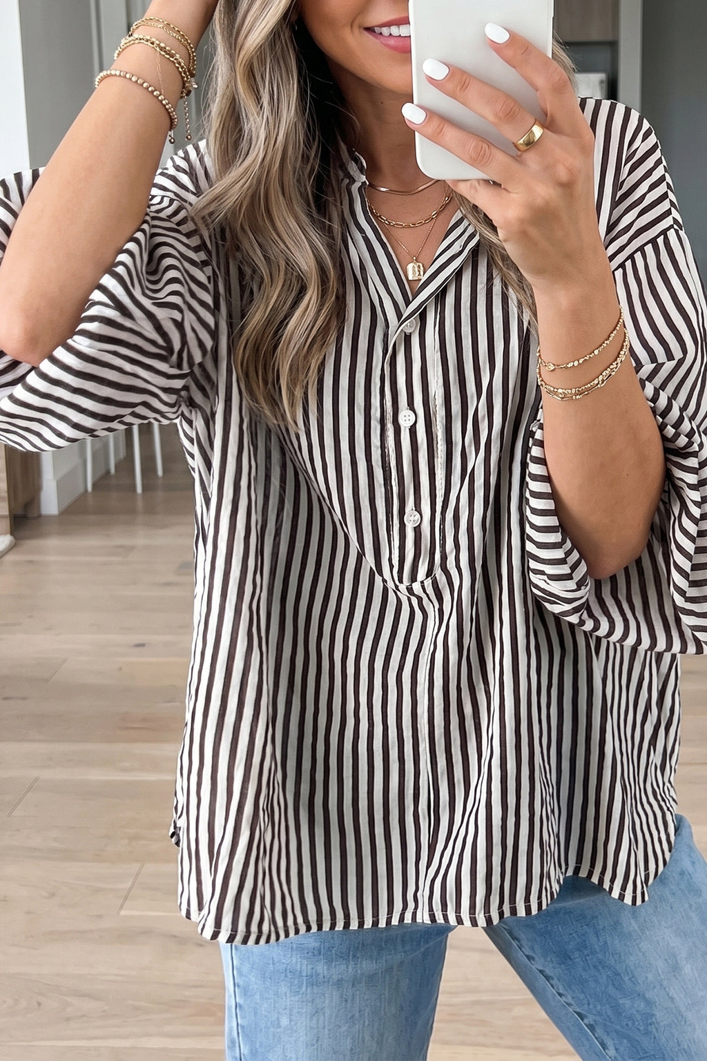 Black Striped Half Sleeve Button-Up Shirt