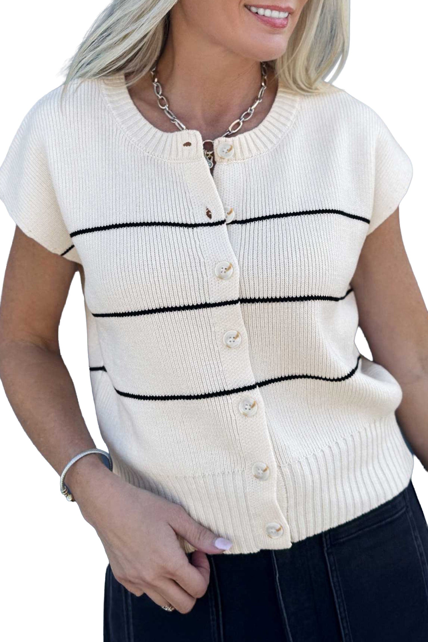 White Stripe Short Sleeve Button Front Shift Cardigan