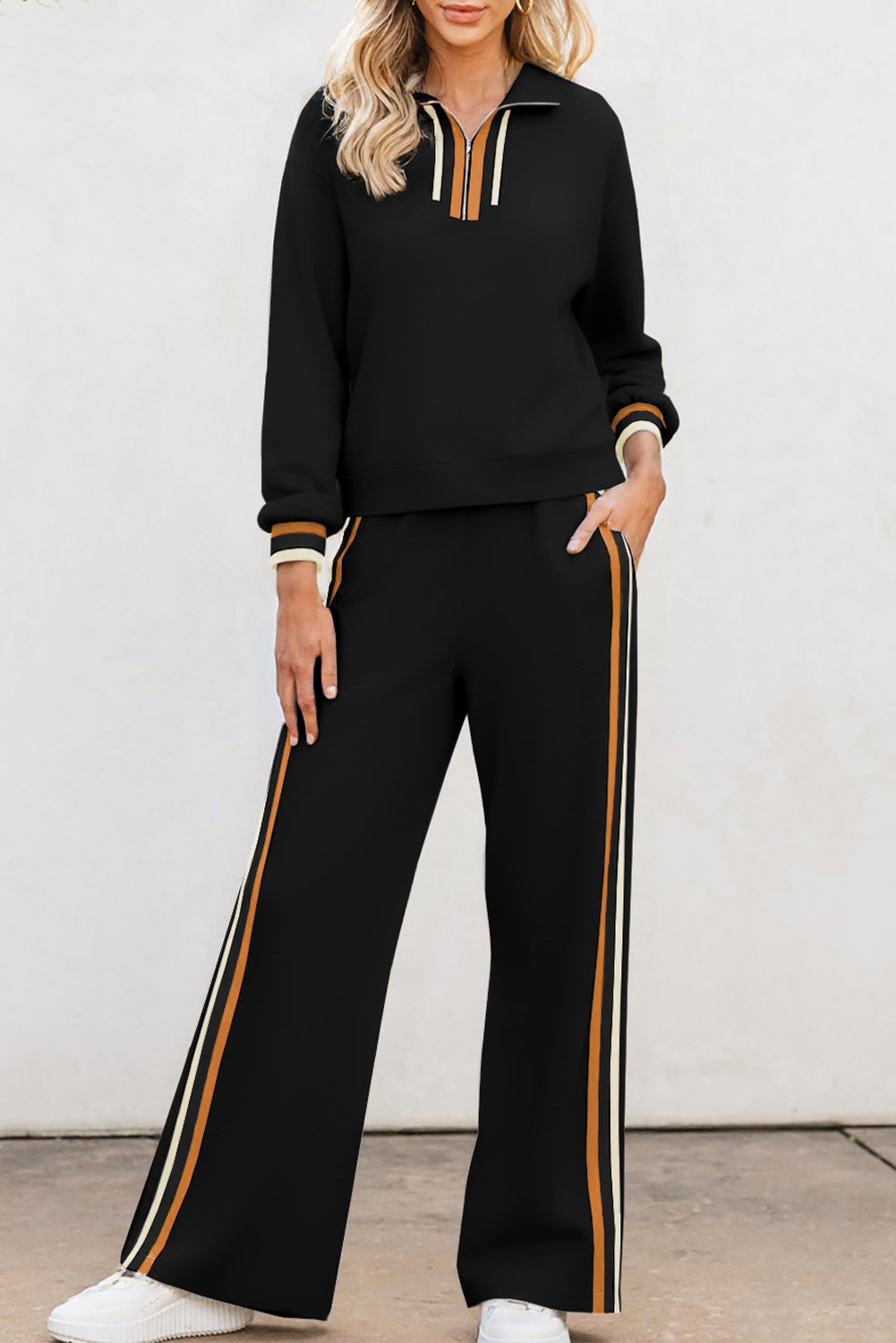 Gray Striped Patchwork Quarter Zip Pullover Loose Pant Set