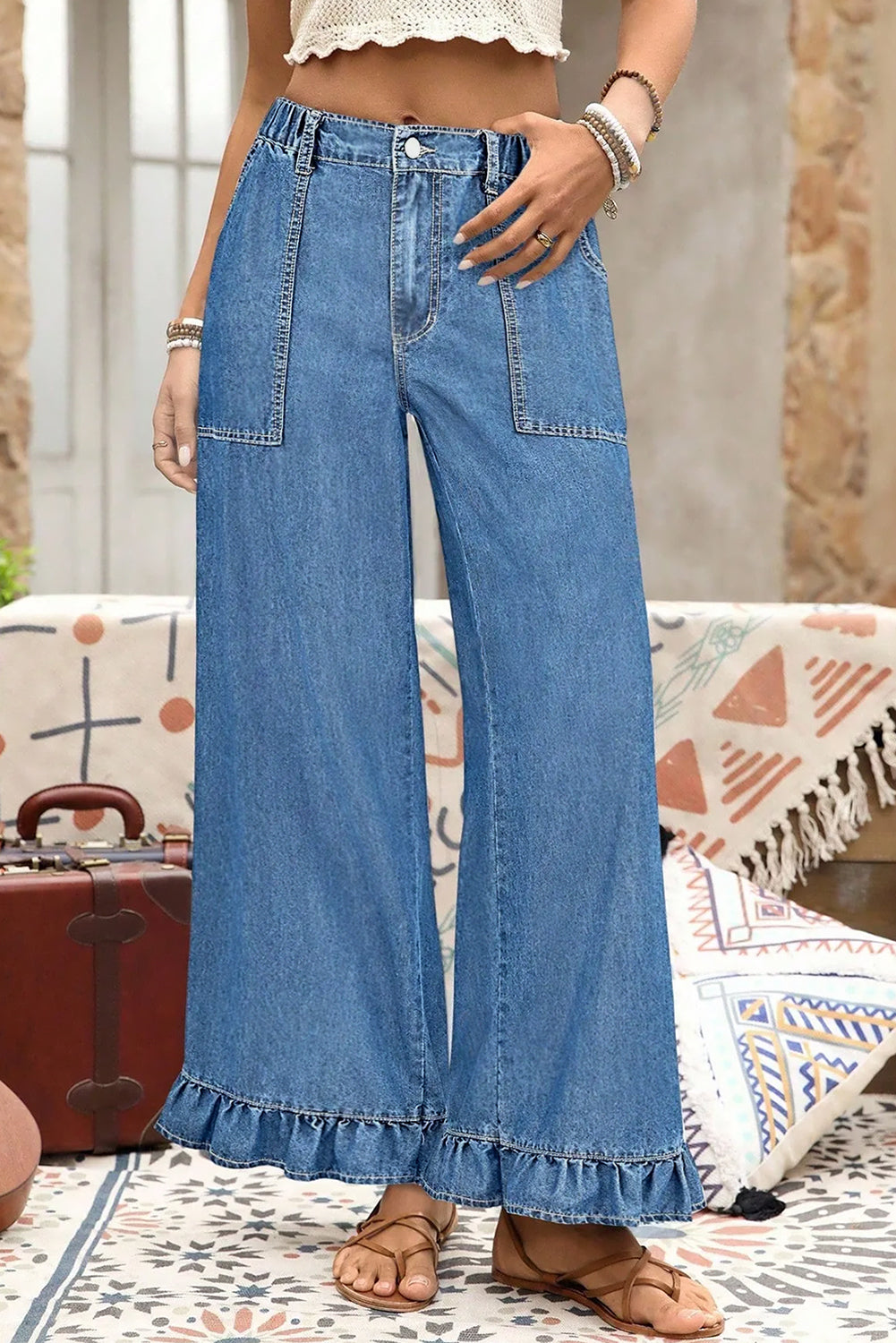 Dirty blue Plus Size Elastic Waist Ruffled Wide Leg Denim Pants