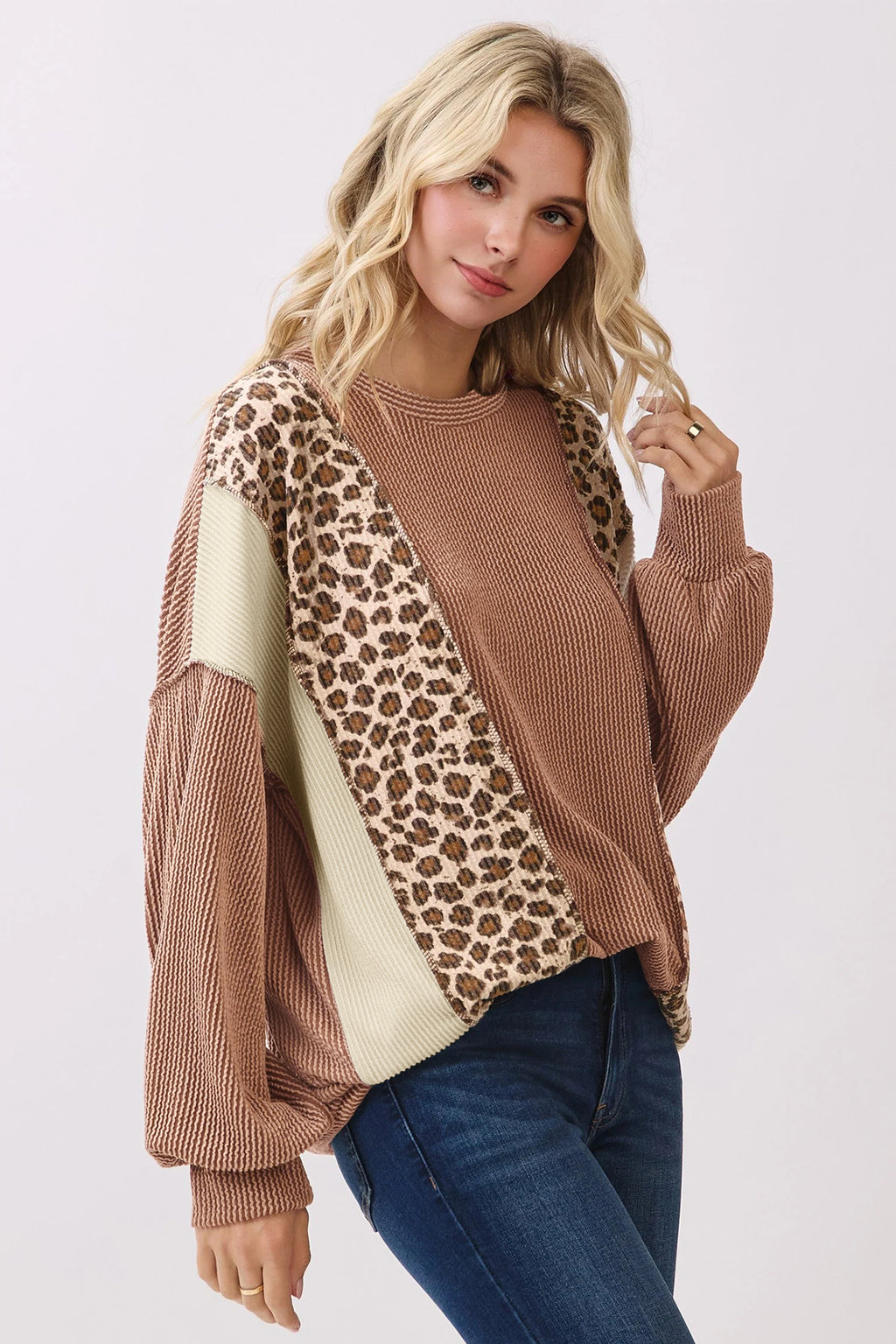 DUNE Leopard Print Colorblock Ribbed Knit Top