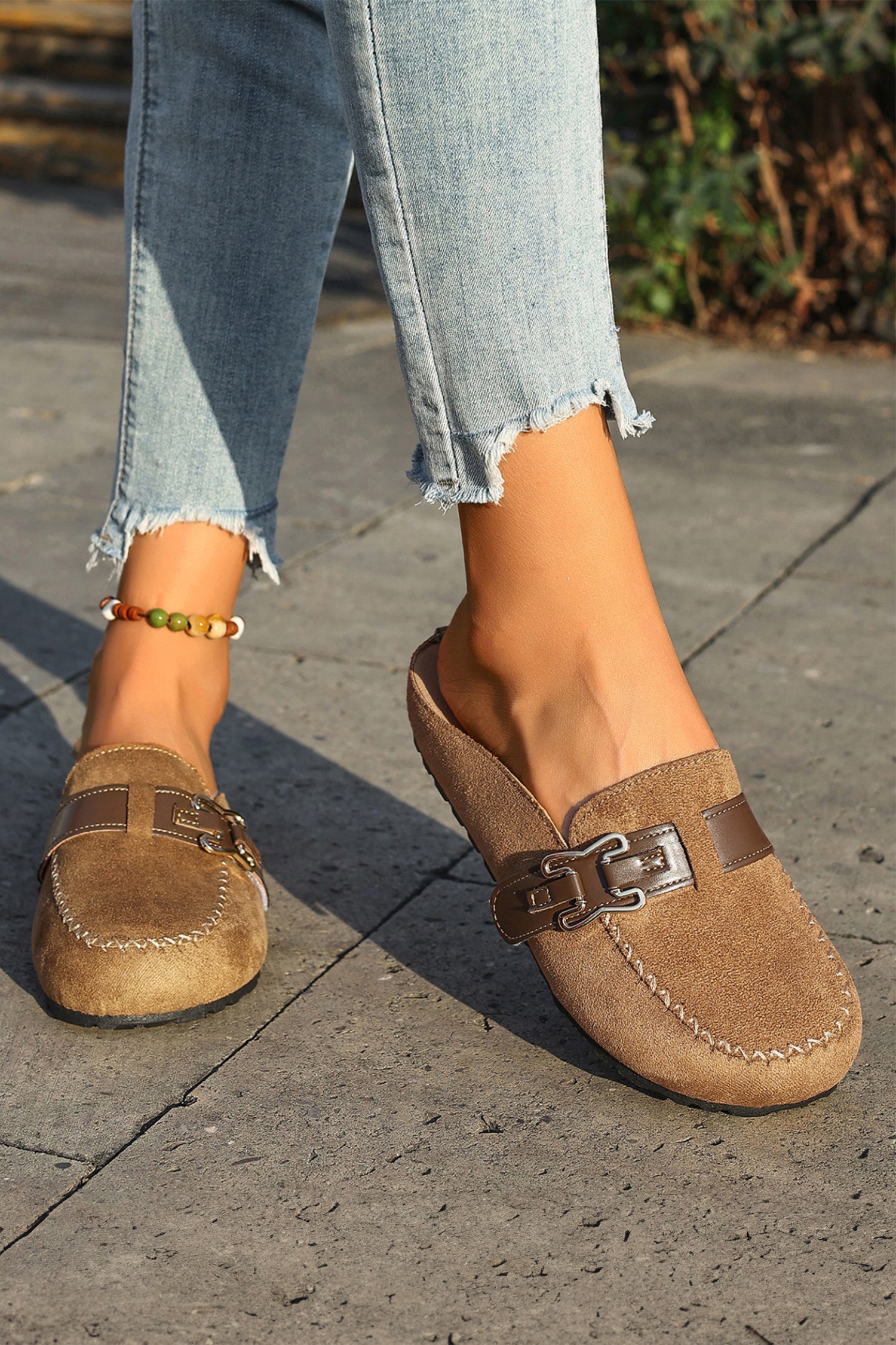 Coffee Faux Suede Cute Buckle PU Leather Strap Mule Slippers