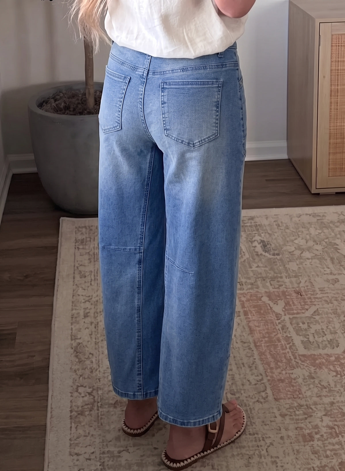 Beau Blue Solid Patchwork Grommet Tie Waist Loose Ankle-Length Jeans