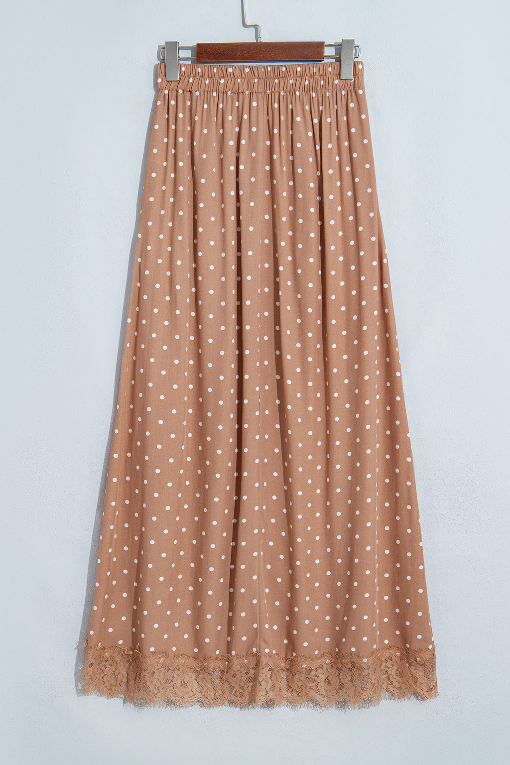 Khaki Polka Dot Lace Hem Elegant Long Shift Skirt