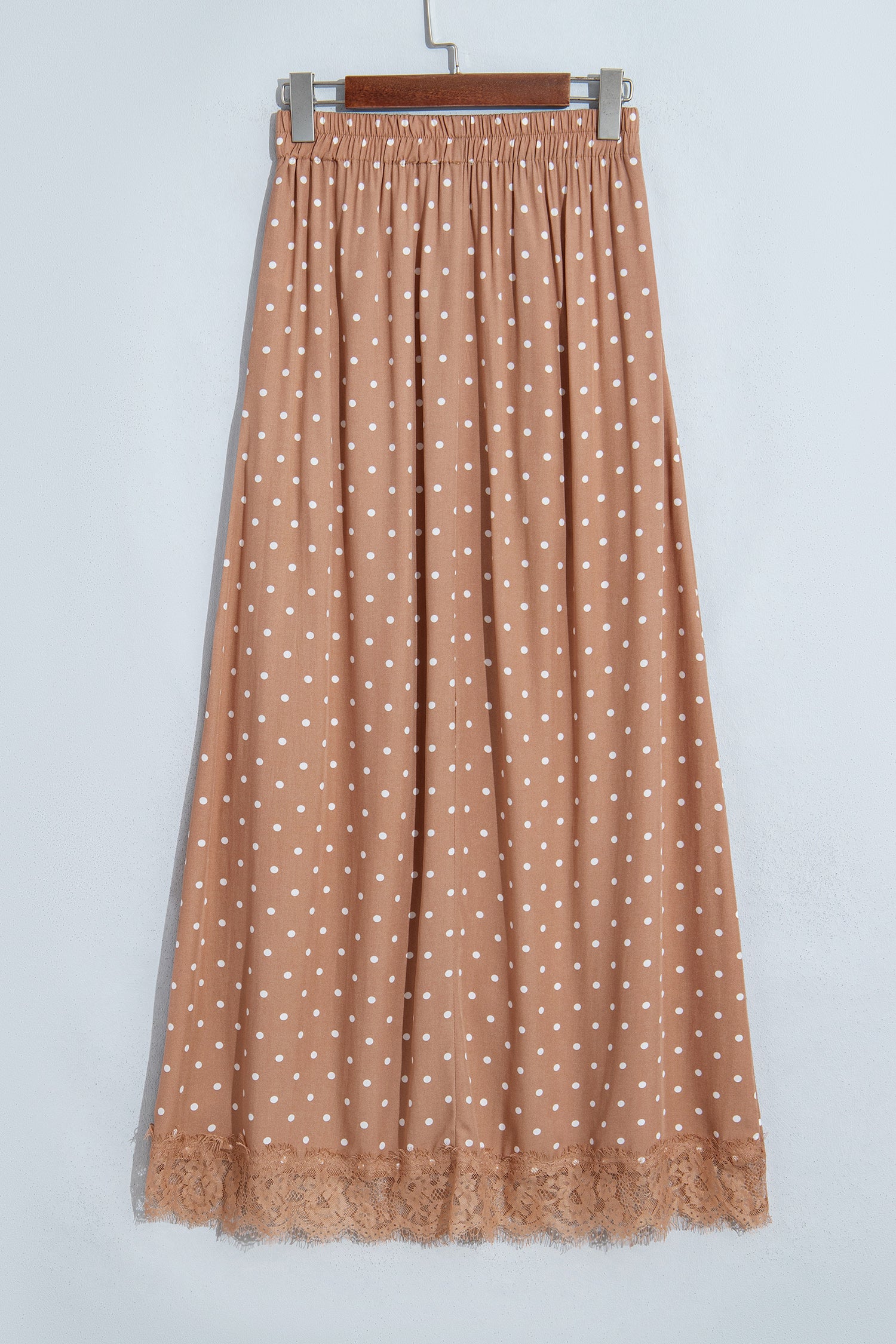 Khaki Polka Dot Lace Hem Elegant Long Shift Skirt