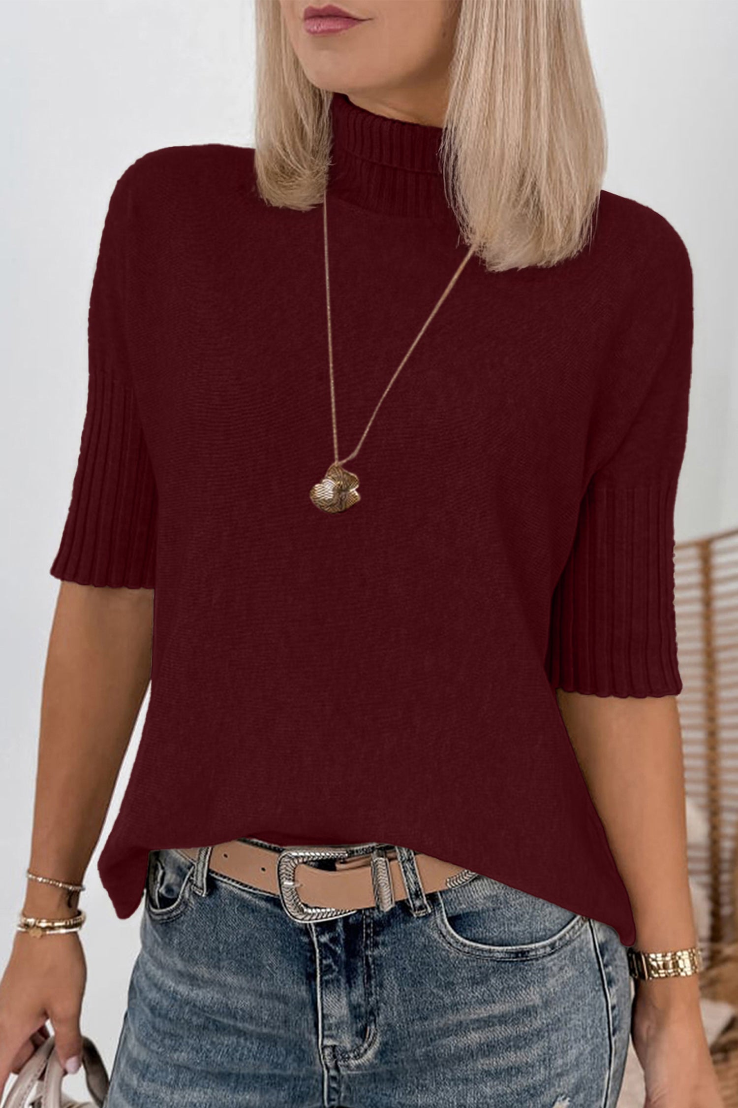 Dark Brown Ribbed Trim High Neck Short Sleeve Casual Sweater