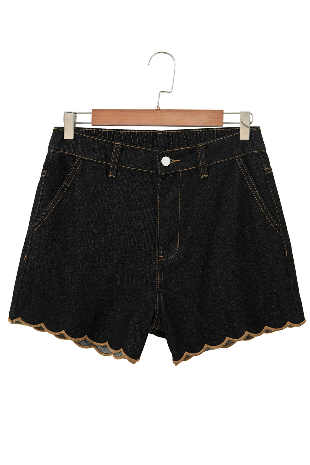 Navy Blue Embroidered Scalloped Trim Relaxed Denim Shorts