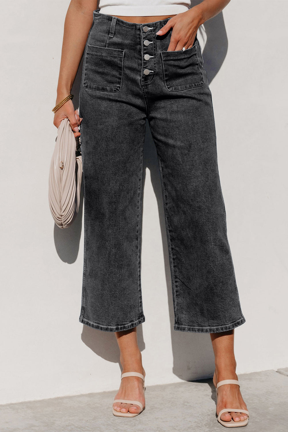 Sail Blue High Waist Button Front Wide Leg Cropped Jeans
