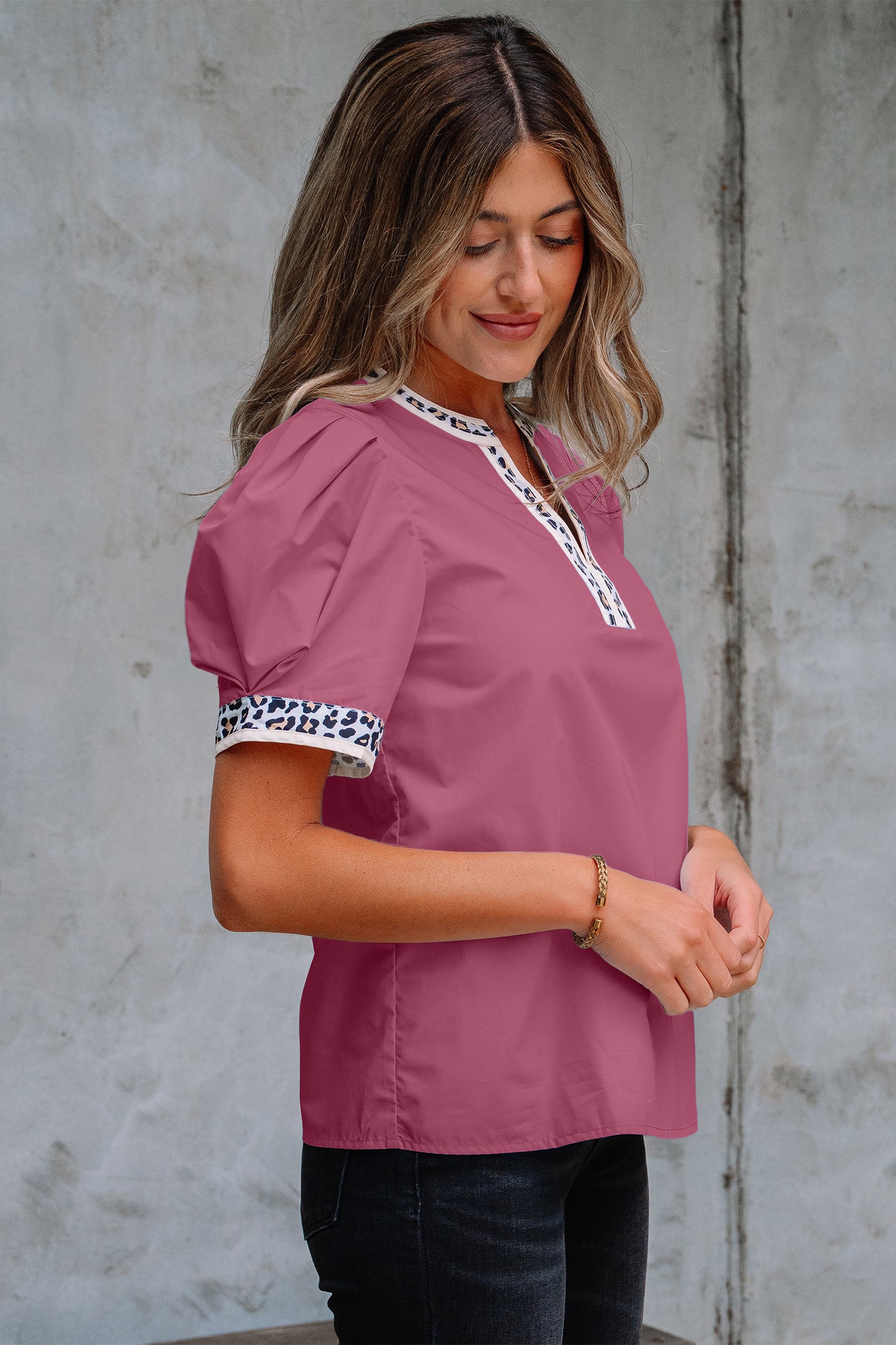 Beau Blue Contrast Leopard Trim Split Neck Puff Sleeve Blouse