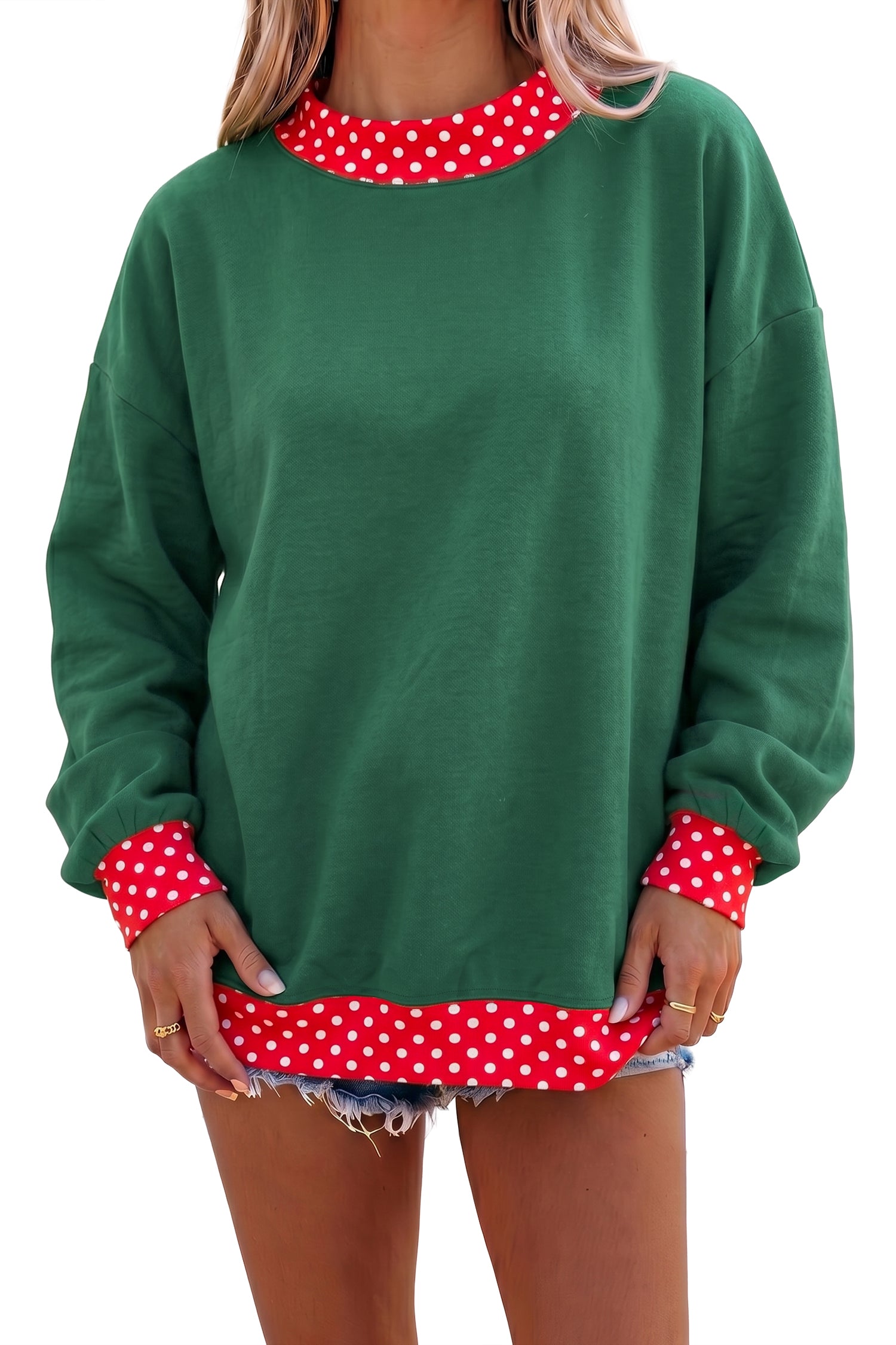 Pink Colorblock Polka Dot Contrast Trim Oversized Sweatshirt