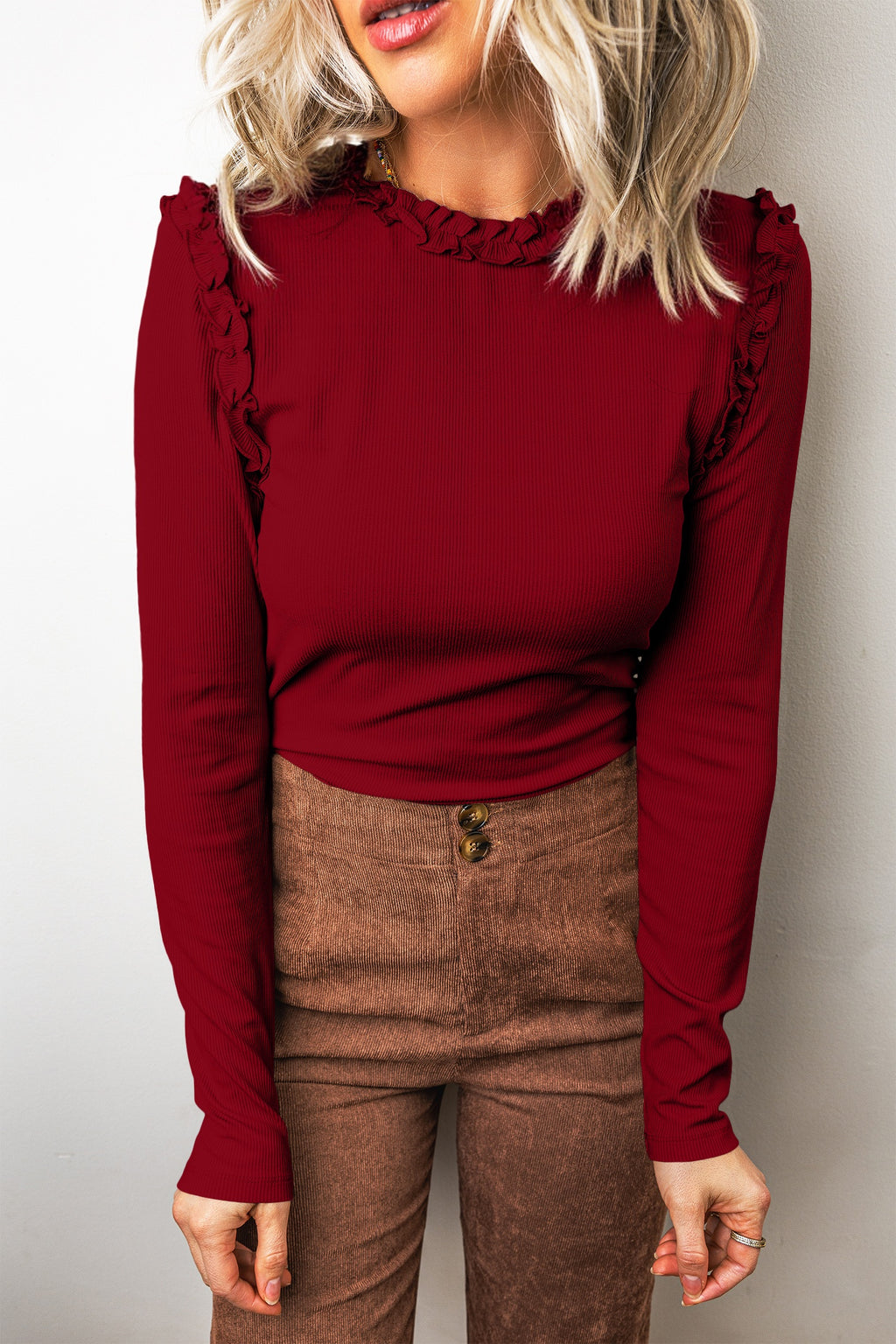Black Solid Color Round Neck Frill Detail Long Sleeve Top
