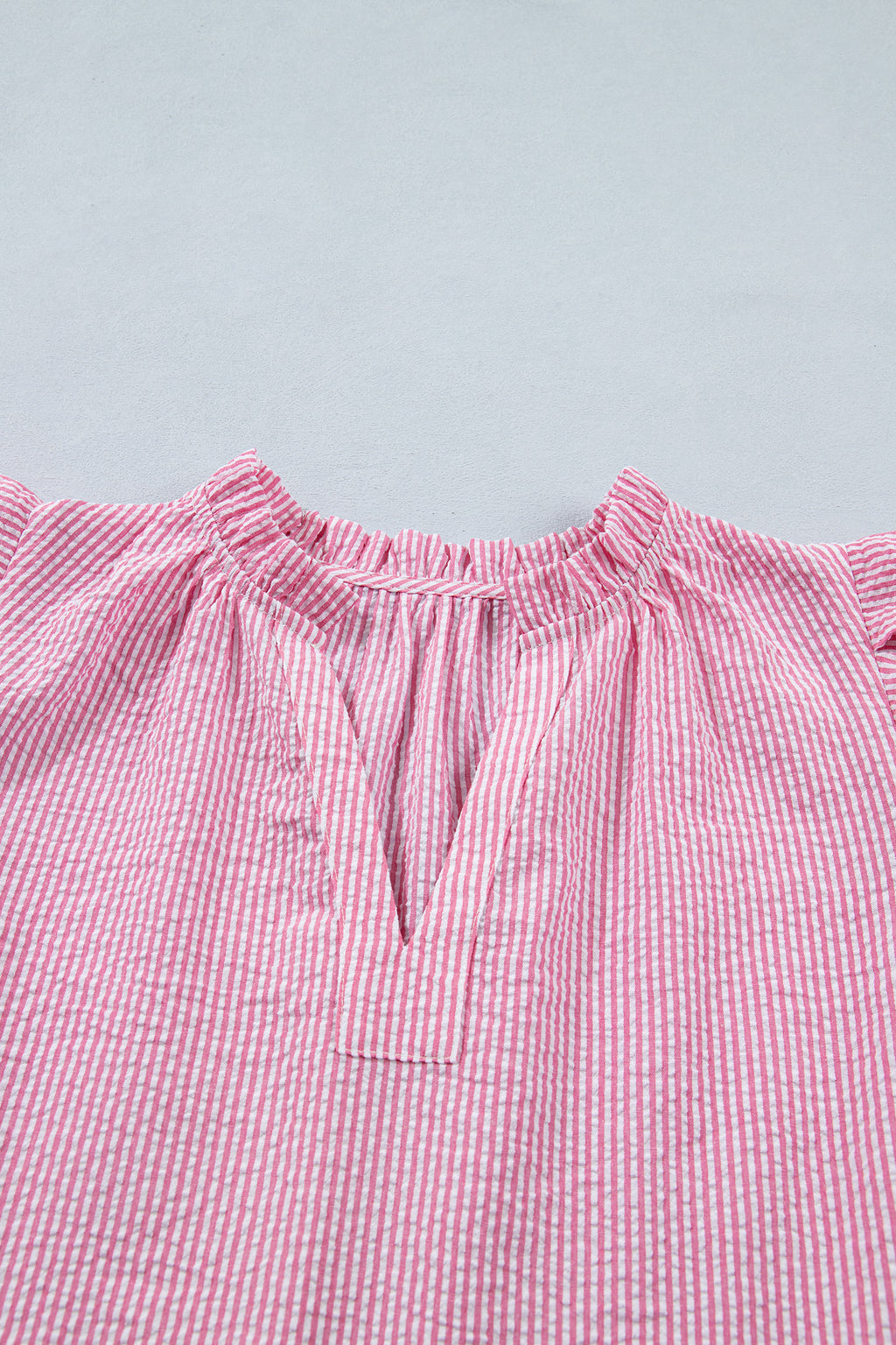 Rose Stripe Short Bubble Sleeve Split V Neck Blouse