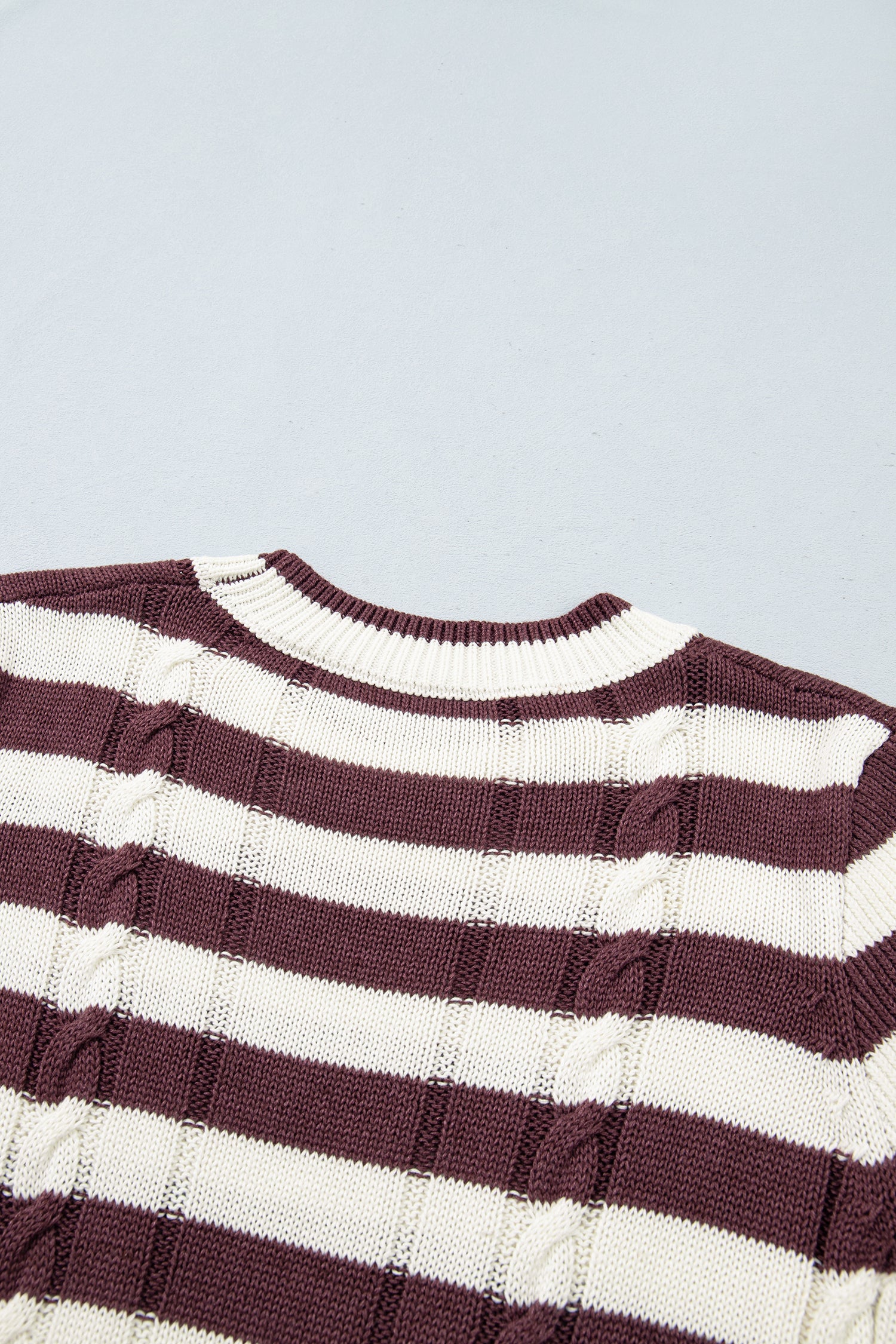 Brown Stripe Ribbed Knit Cable Detail Short Sleeve Sweater