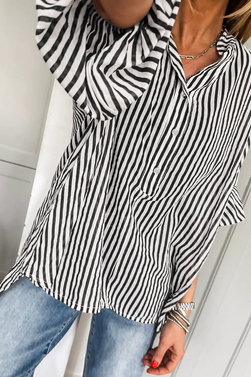 Black Striped Half Sleeve Button-Up Shirt