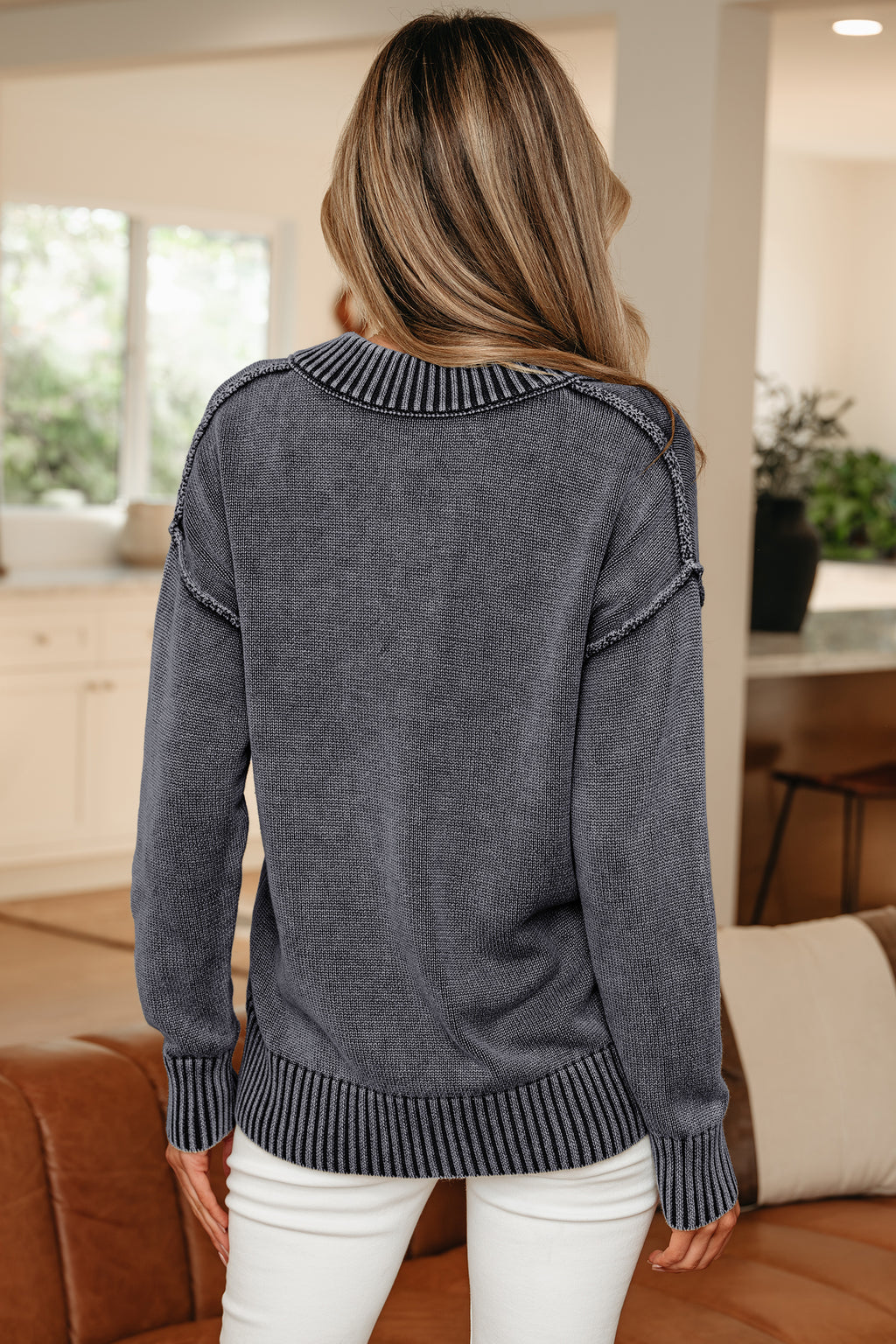 Four Leaf Clover Mineral Wash V Neck Knit Exposed Seam Drop Shoulder Loose Sweater