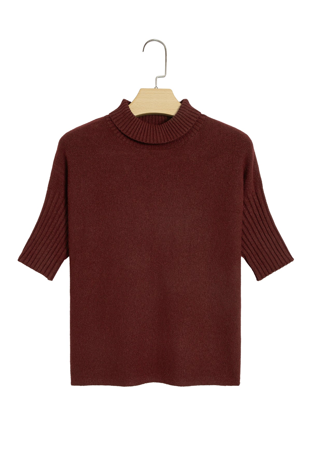 Dark Brown Ribbed Trim High Neck Short Sleeve Casual Sweater