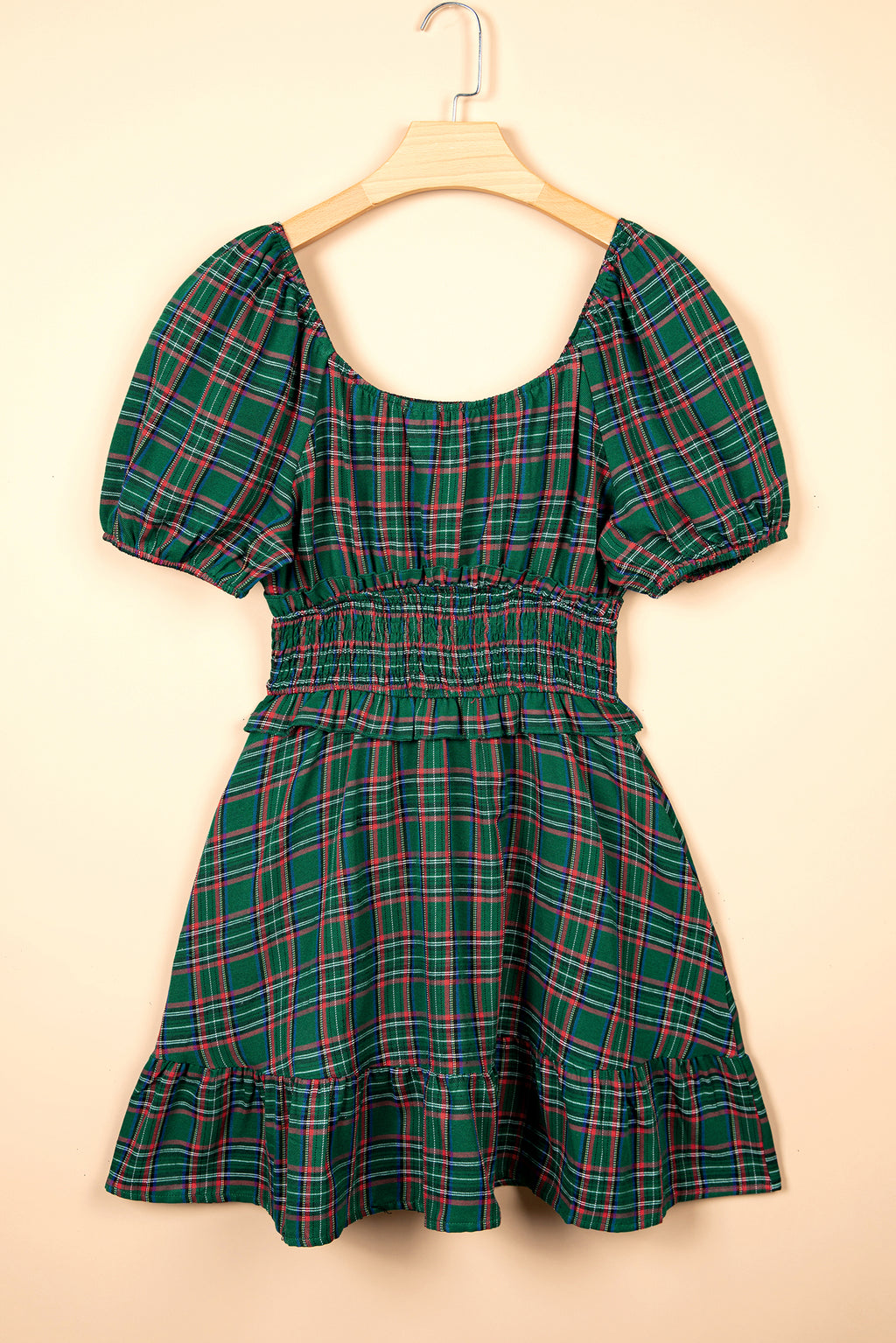 Green Plaid Shirred U Neck Short Sleeve Mini Dress