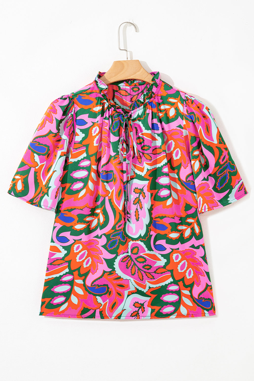 Rose Summer Plant Print Lace up V Neck Short Sleeve Blouse