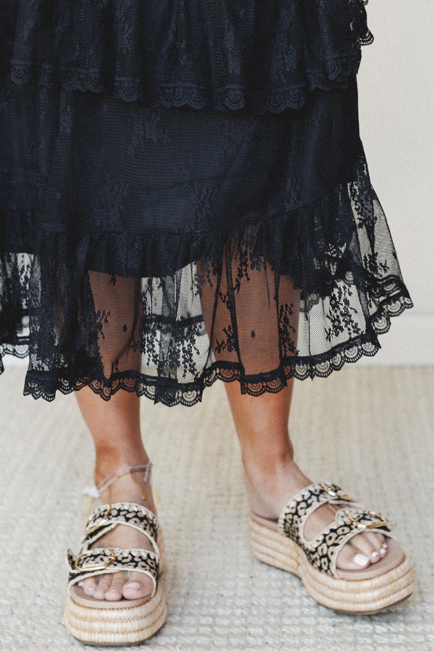 Black Elegant Ruffle Lace Tiered Skirt