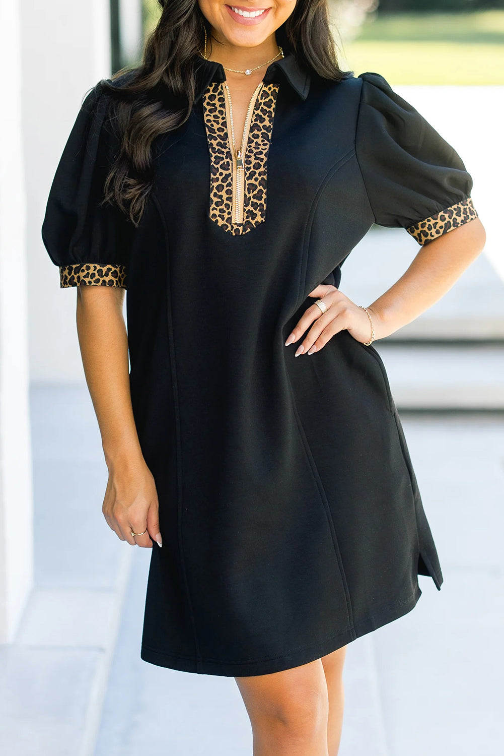 Black Leopard Patchwork Zip Collared Short Puff Sleeve Shift Mini Dress