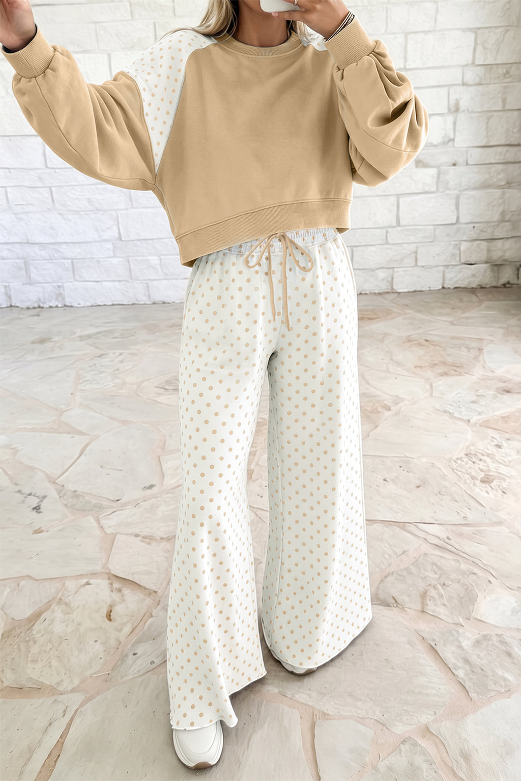 Green Polka Dot Patchwork Colorblock Long Sleeve Casual Two Piece Pants Set