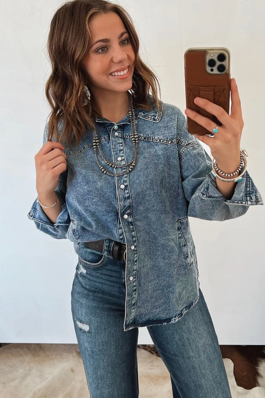 Dusk Blue Western Long Sleeve Shirt Collar Tunic Denim Jacket