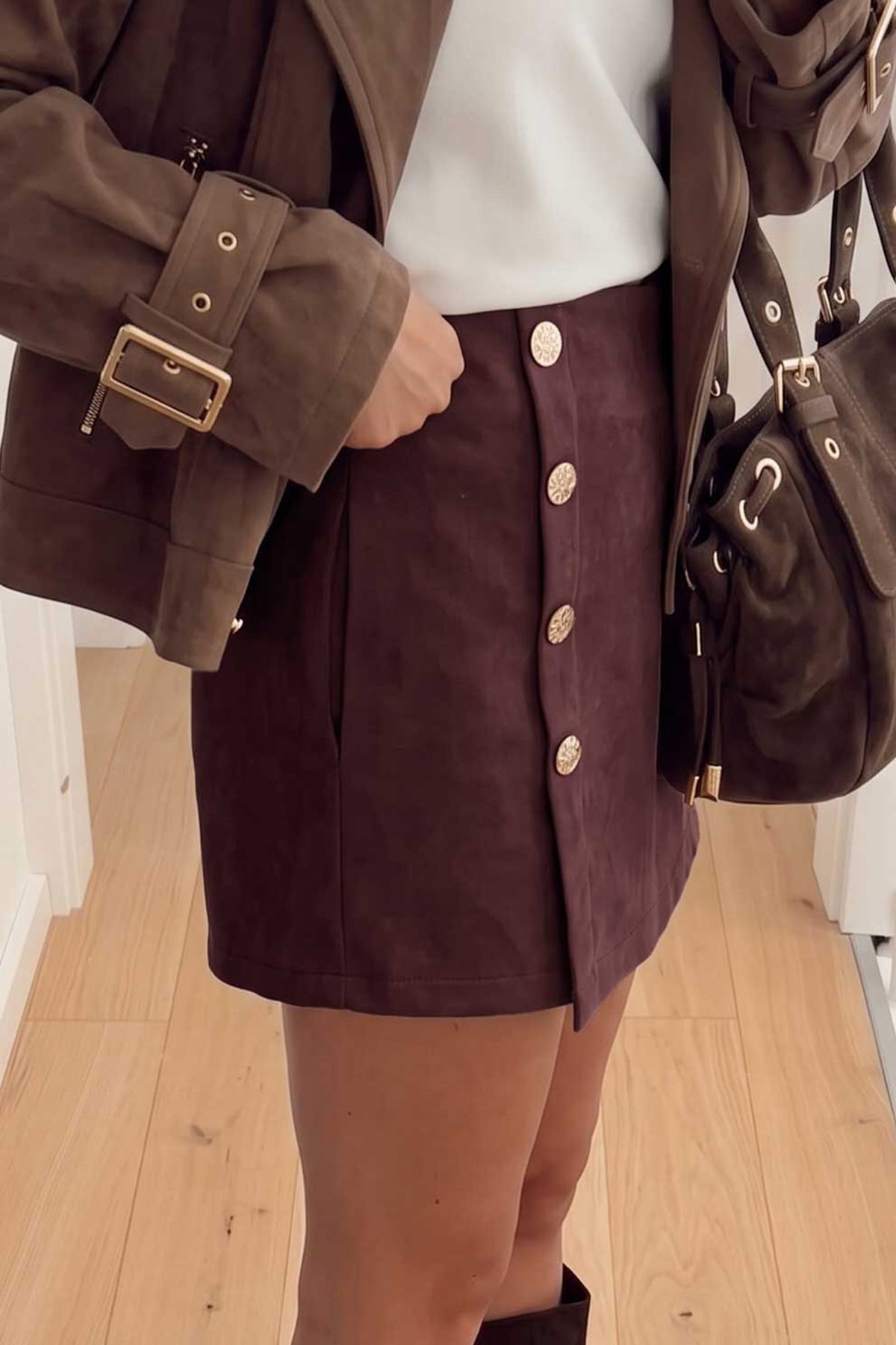 Dark Khaki Gold Button Asymmetric Wrapped Detail Mini Skirt