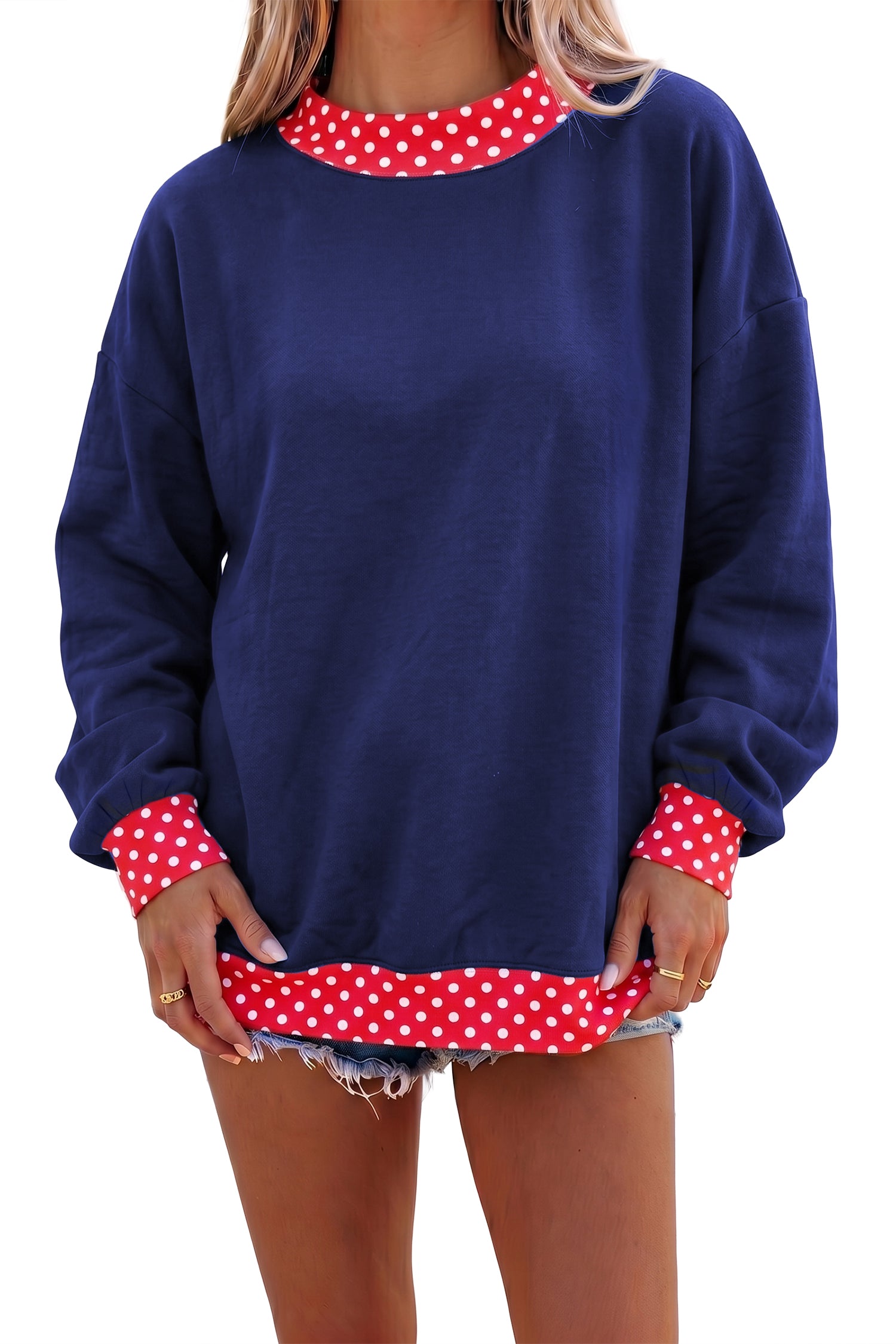 Dark Blue Colorblock Polka Dot Contrast Trim Oversized Sweatshirt