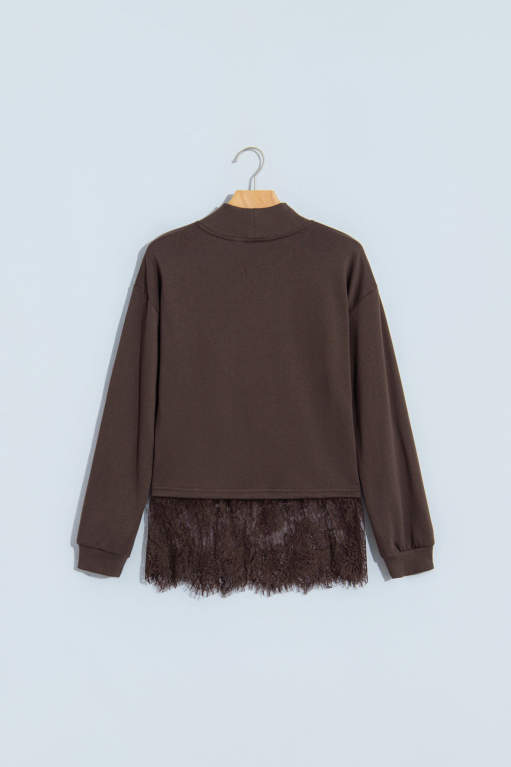 Coffee Solid Color High Neck Lace Splicing Hem Pullover Sweatshirt