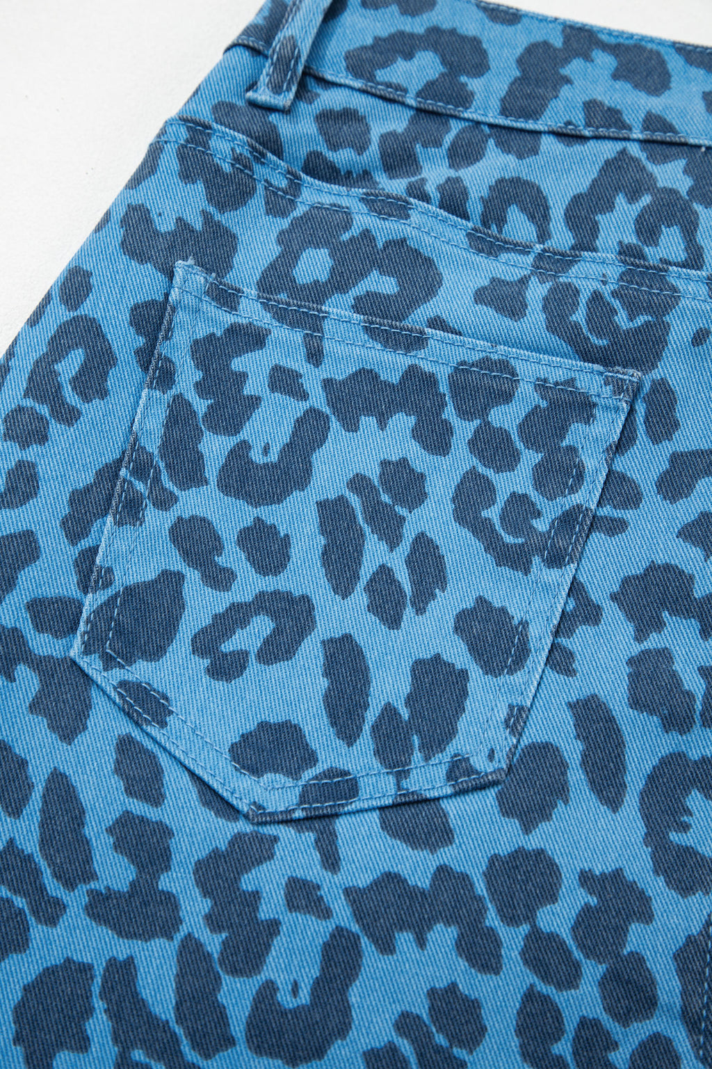 Sky Blue Leopard Denim Frayed Split Denim Midi Skirt