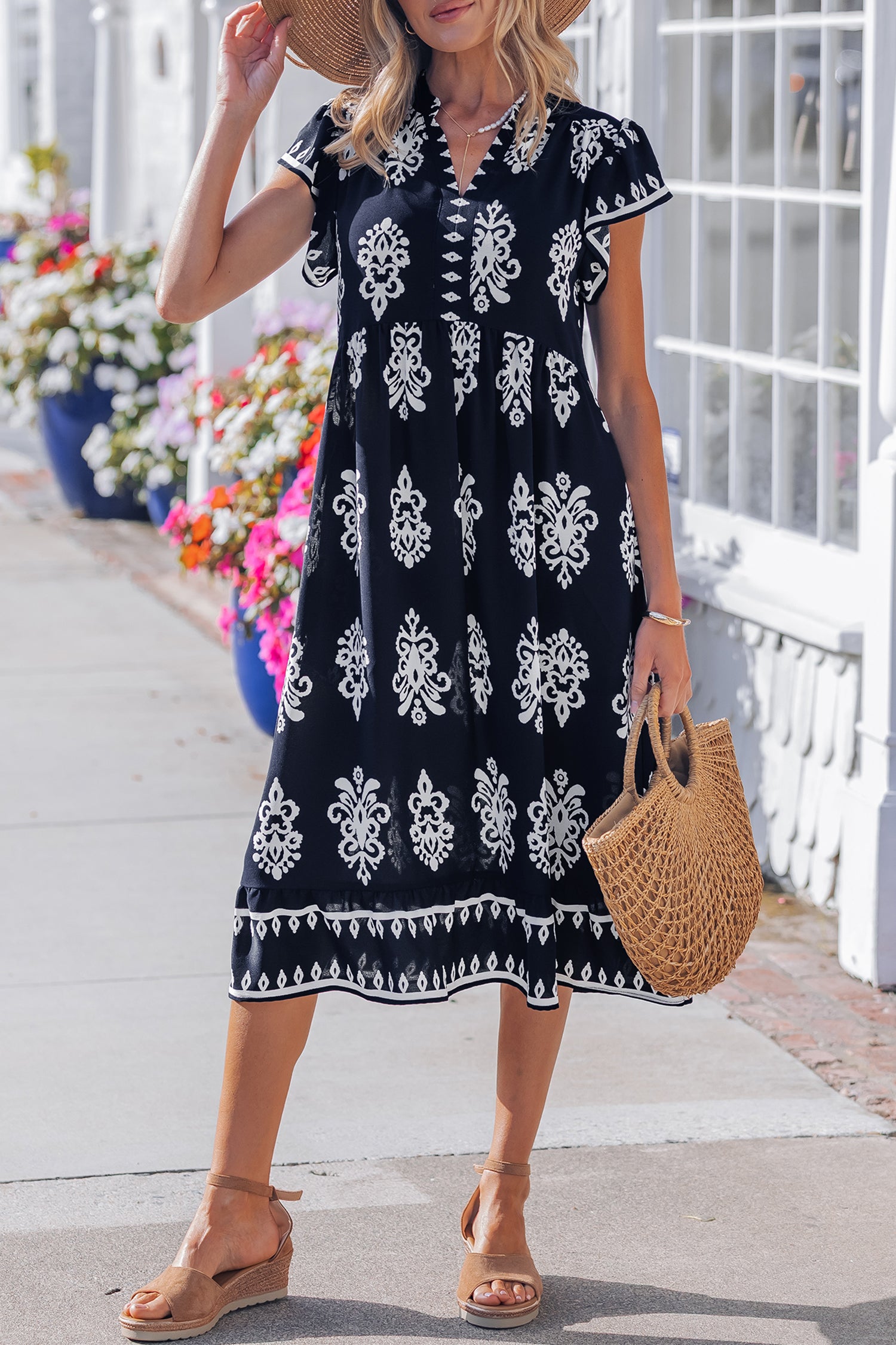 Blue Western Ethnic Print Notched Neck Short Sleeve Midi Dress