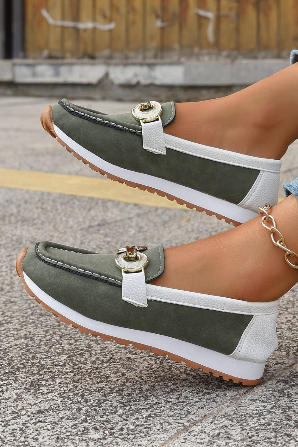 Blackish Green Metal Ring Decor Thick Sole Slip On Loafers