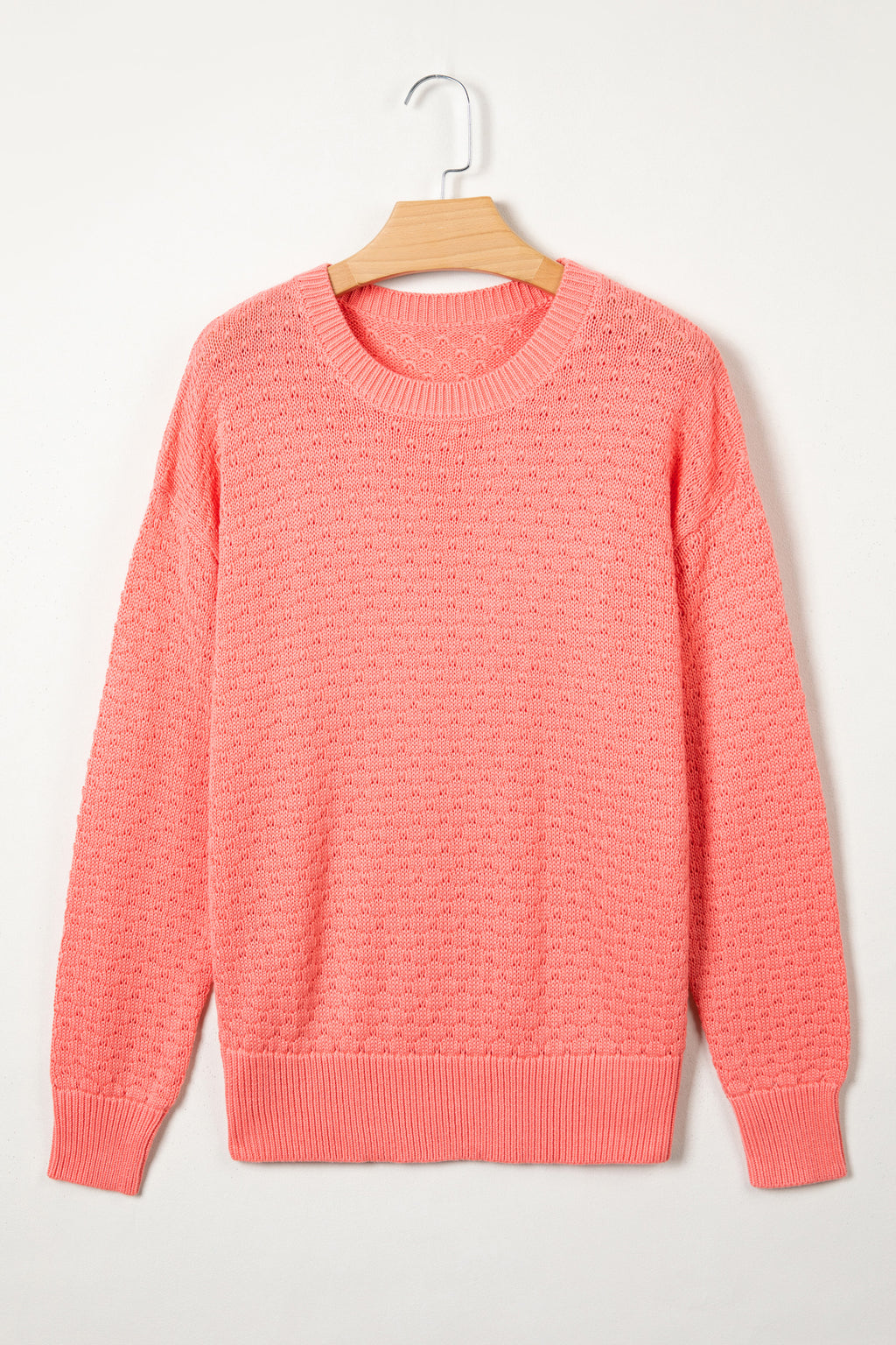 Coral Paradise Breathable Patterned Knit Drop Shoulder Pullover Sweater