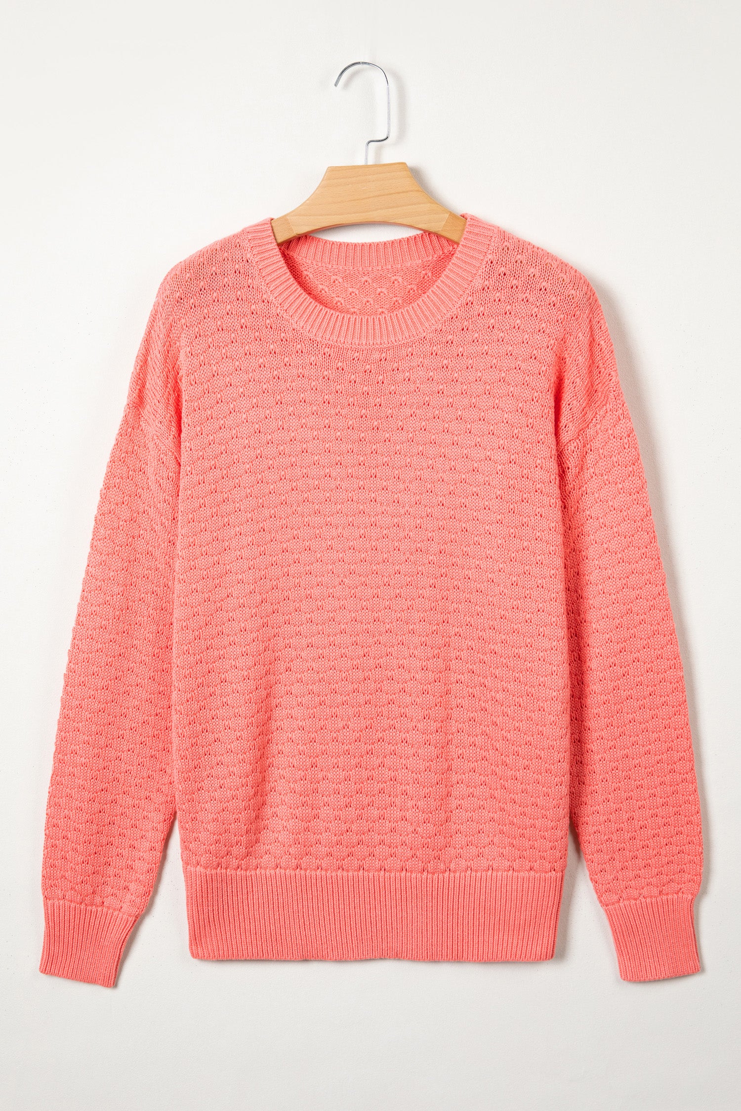 Coral Paradise Breathable Patterned Knit Drop Shoulder Pullover Sweater