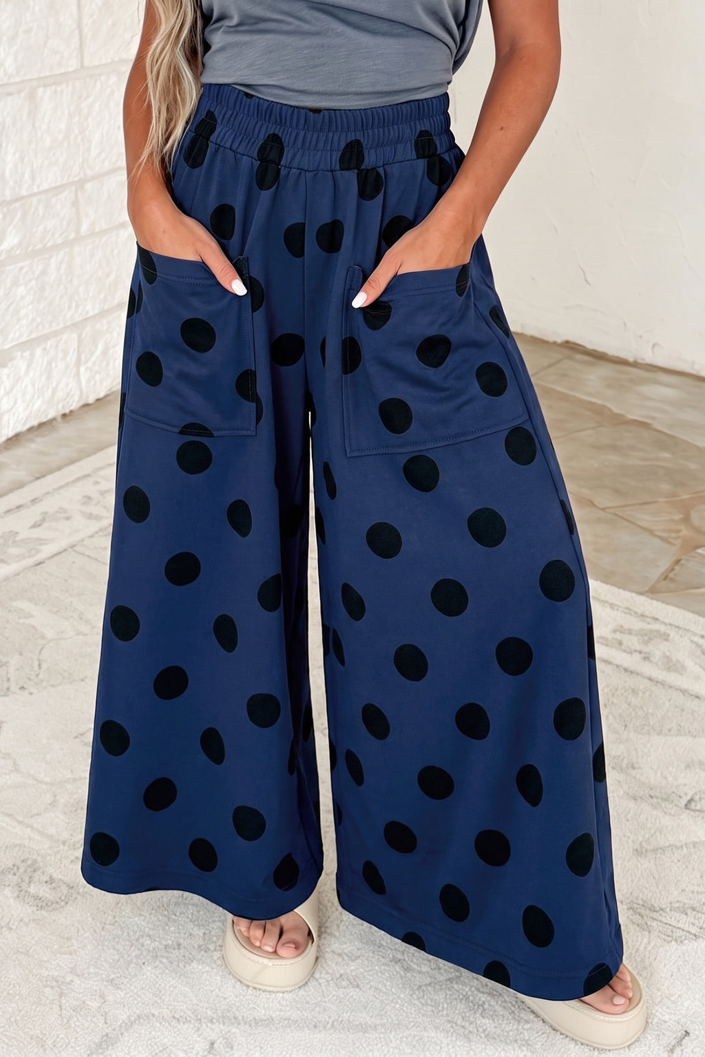 Black Polka Dot Wide Leg Elastic Waist Casual Pants