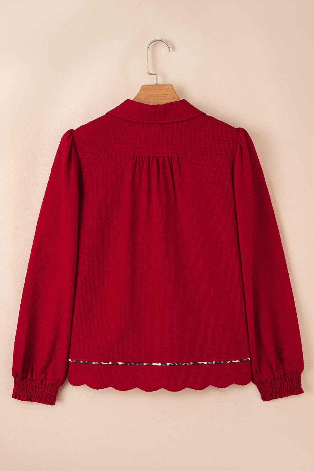 Fiery Red Collar V Neck Leopard Contrasted Trim Textured Blouse