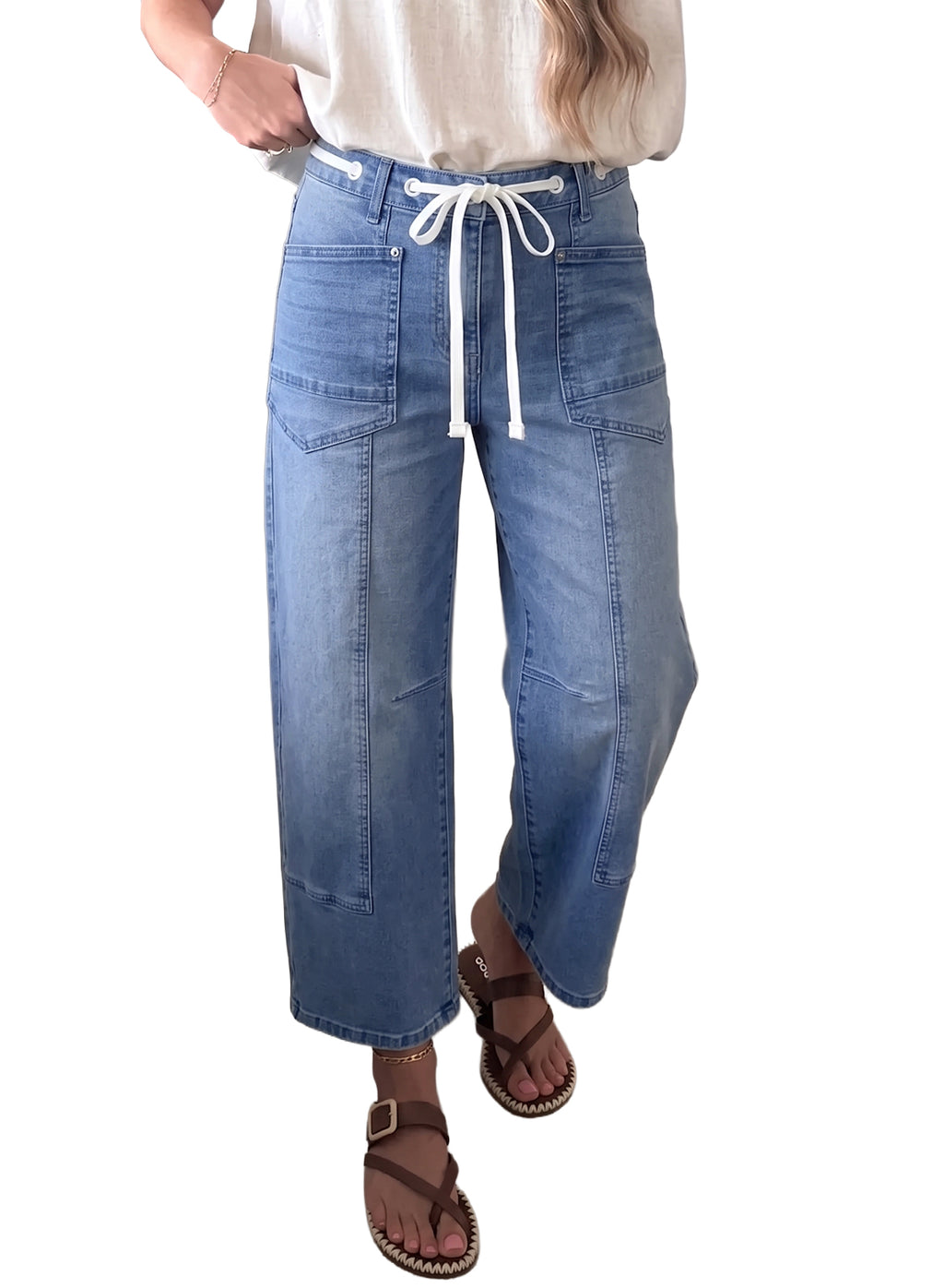 Beau Blue Solid Patchwork Grommet Tie Waist Loose Ankle-Length Jeans