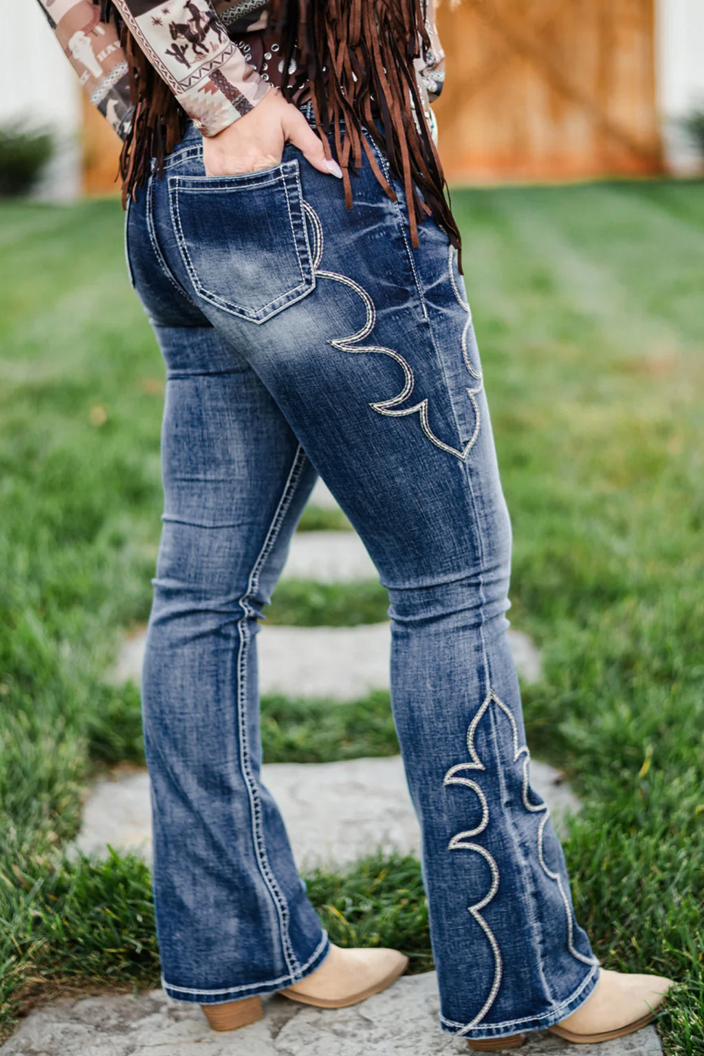 Blue Western Embroidered Flare Full Length Jeans