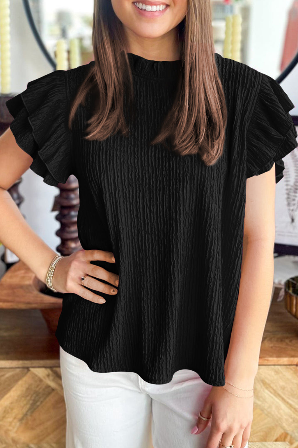 Dark Blue Solid Color Textured Ruffle Trim Short Sleeve Blouse