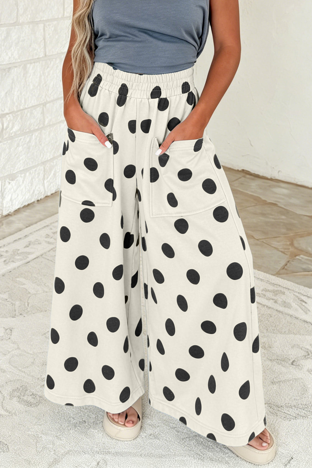 Brown Polka Dot Wide Leg Elastic Waist Casual Pants