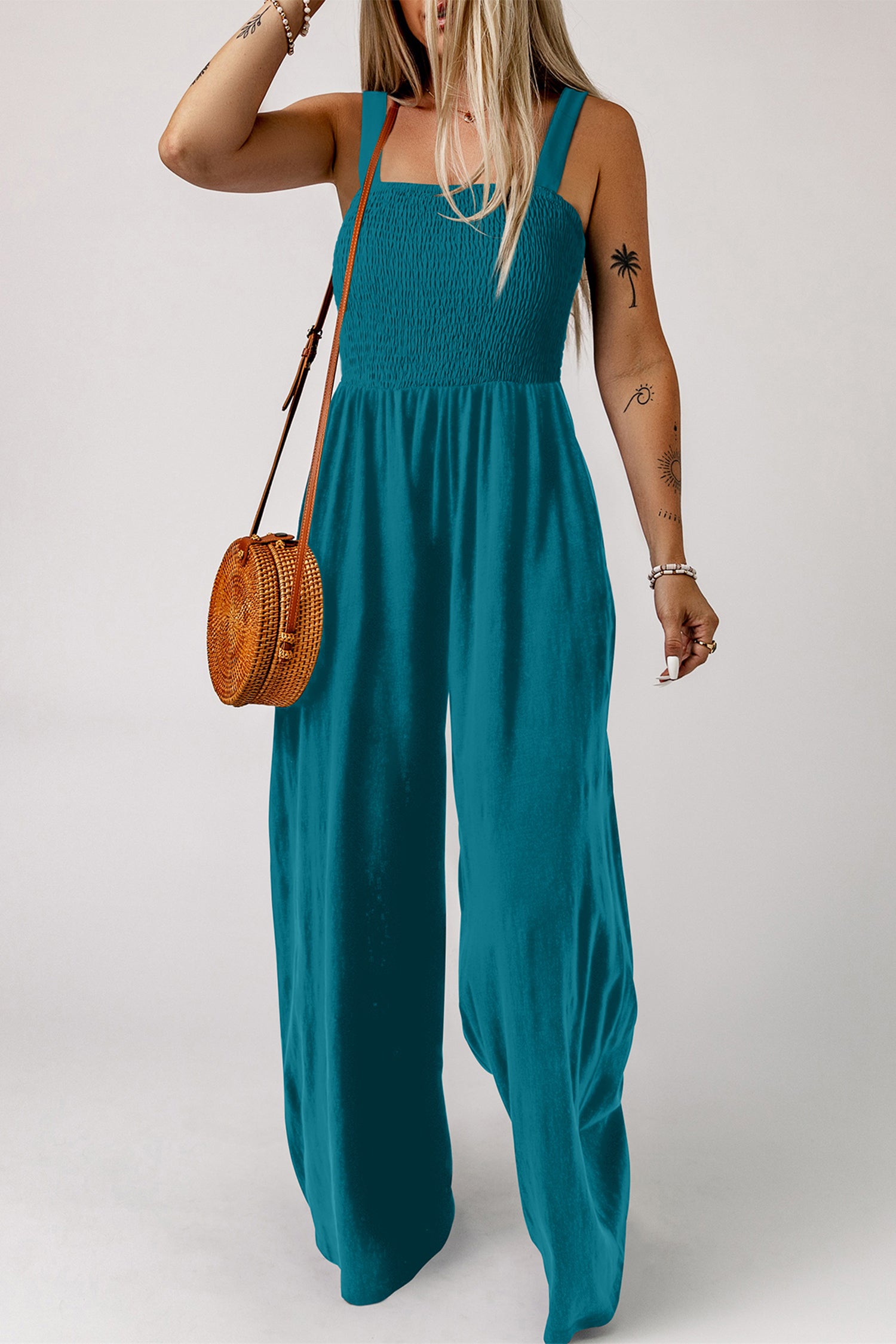 Purple Orchid Smocked Square Neck Sleeveless Jumpsuit with Pockets