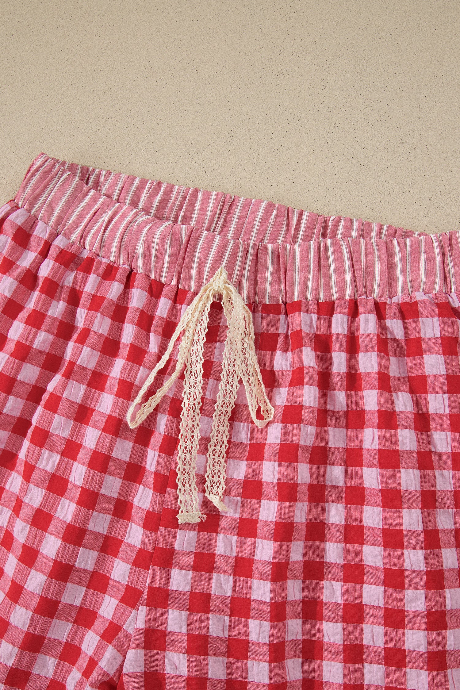 Pink Gingham Print Ruffle Striped Detail Lace Tie Shorts