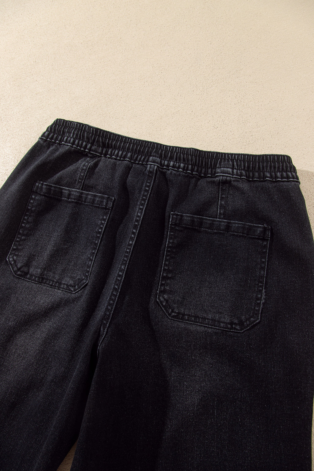 Black Drawstring Waist Ankle Length Casual Jeans Regular Fit Pocket Detail Denim Pants