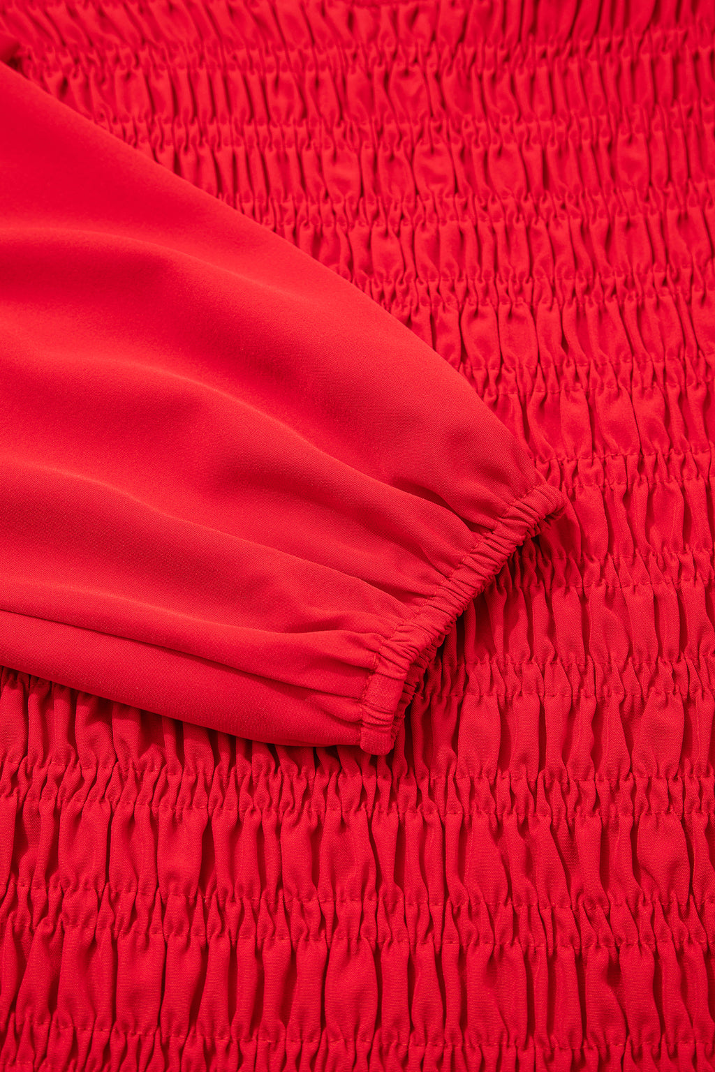 Racing Red Solid Color Smocked Ruffle Hem Long Sleeve Blouse