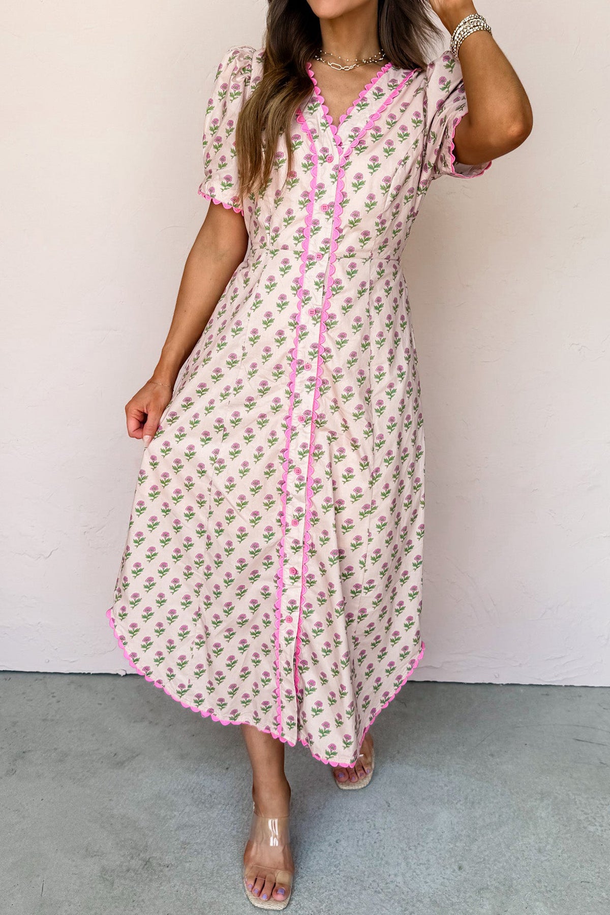 Pink Floral Print V Neck Scallop Trim Button Front Short Sleeve Long Dress