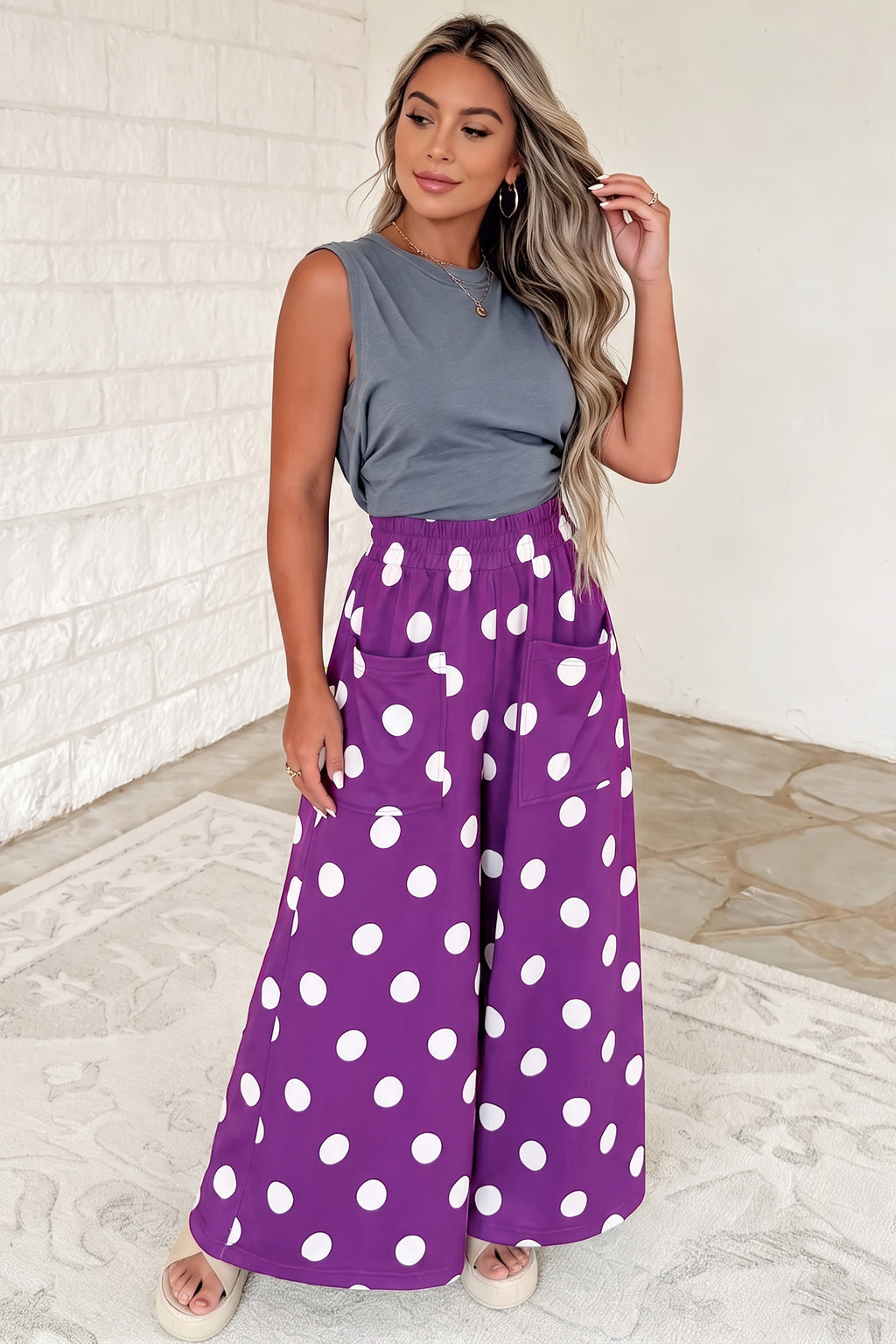 Black Polka Dot Wide Leg Elastic Waist Casual Pants