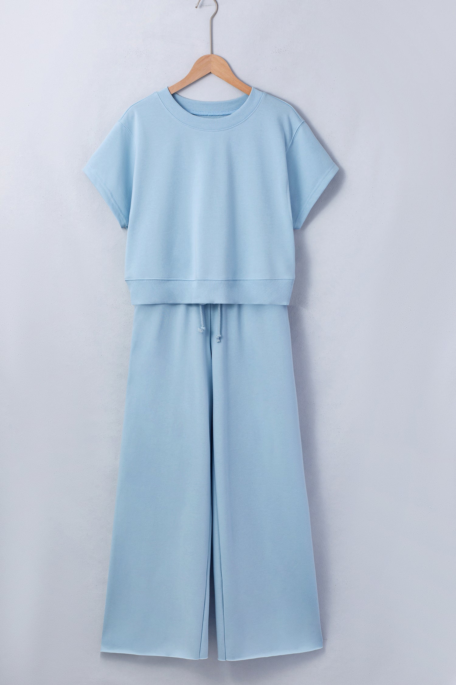 Light Pink Solid Color Loose Tee Drawstring Wide Leg Pants 2pcs Outfit