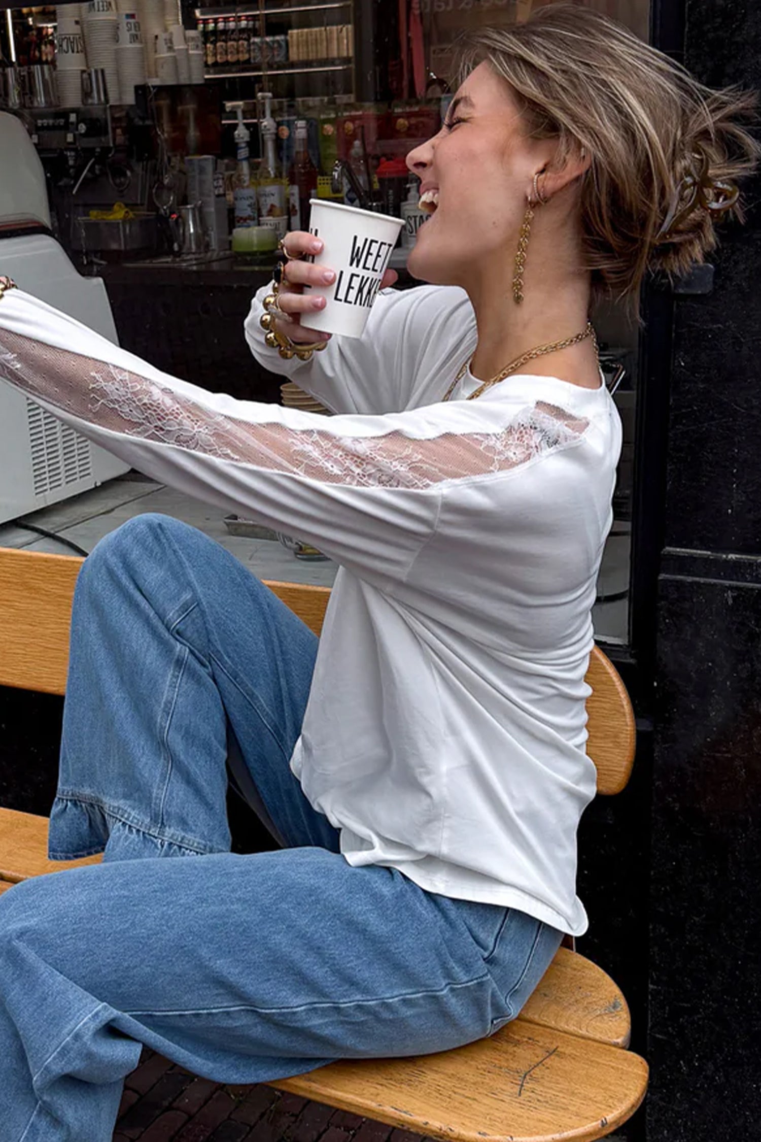 White Sheer Lace Splicing Long Sleeve Shift Top