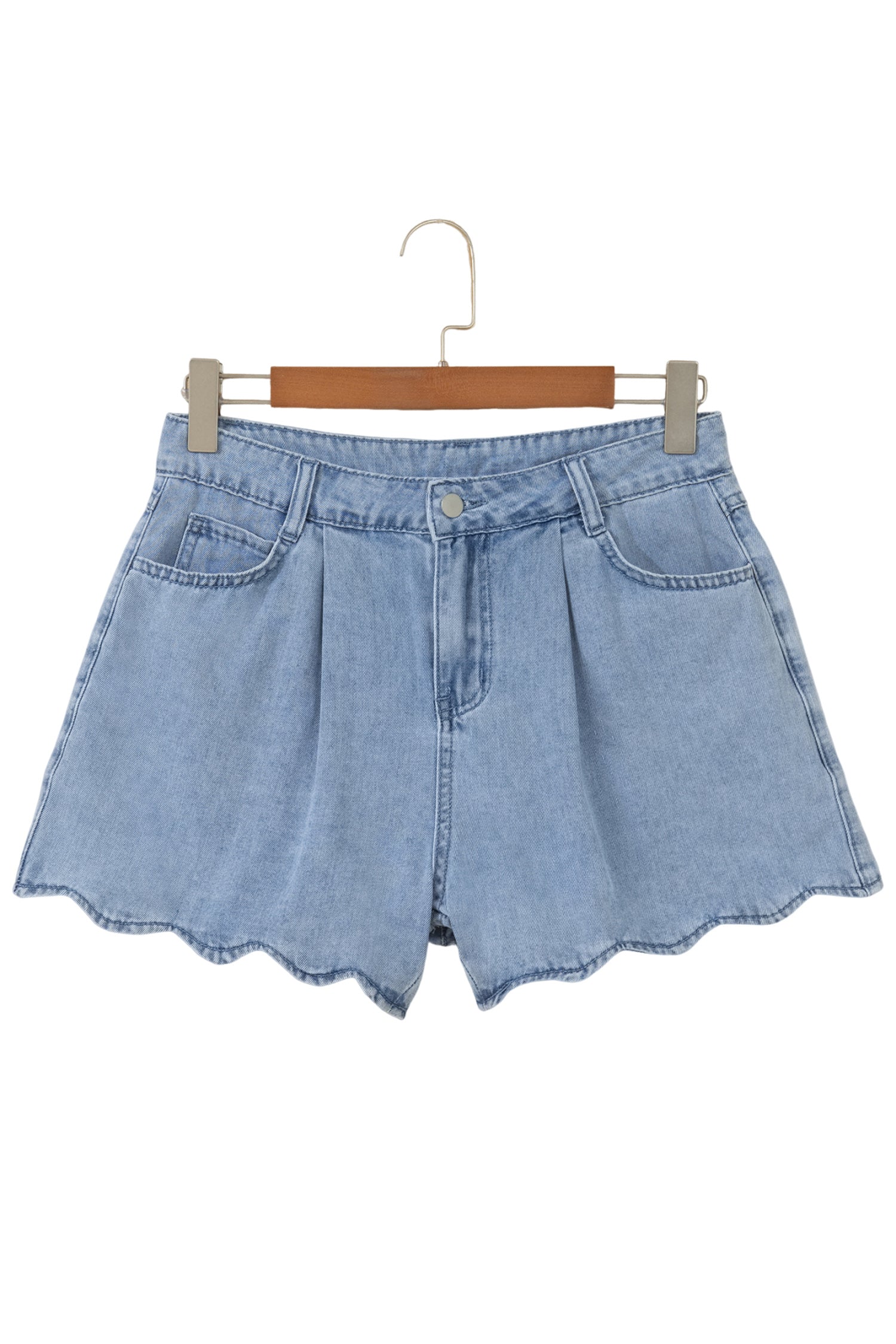 Myosotis Solid Color Scalloped Trim Casual Denim Shorts